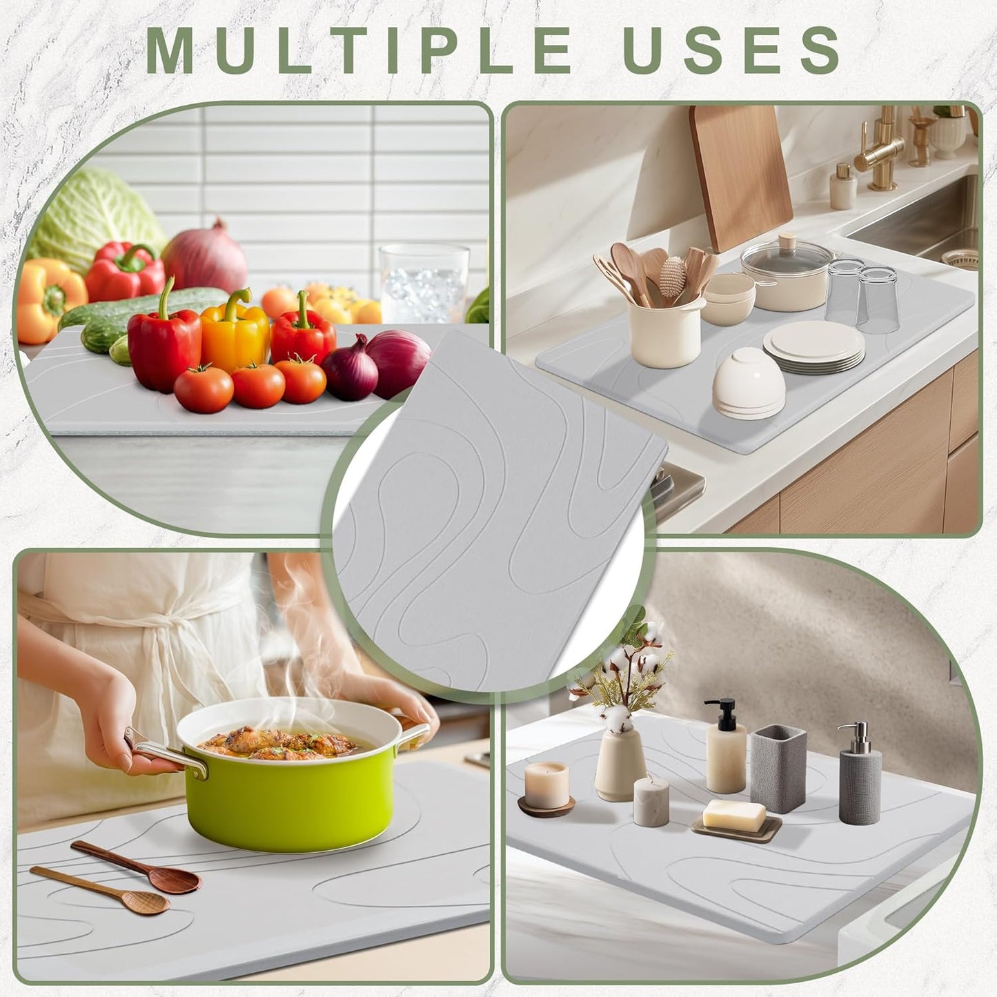 Large Stone Drying Mat for Kitchen Counter, 24" × 16" Diatomite Dish Drying Mat, Quick Dry Stone Mats, Ultra Absorbent Natural Diatomaceous Earth Mats for Dished, Bottles, Light Grey