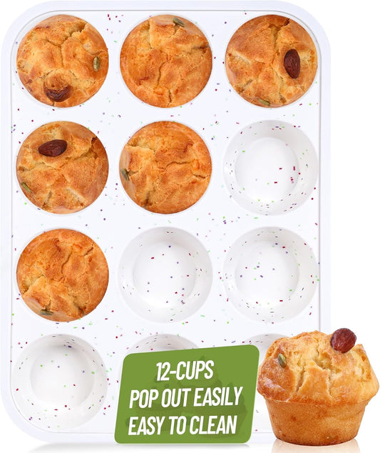 Muffin Pan - 12 Cups Silicone Muffin Pan Non-Stick Food Grade Silicone Cupcake Pan for Muffins,Tart, BPA Free - Standard Cup Size - Diameter 2.8" Depth 1.2" - 1 Piece Cream with Rainbow Dots