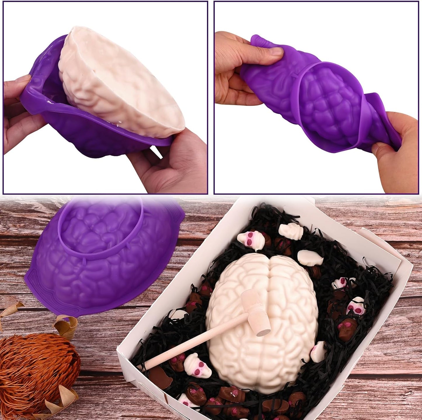 Sakolla Silicone Brain Molds, 2 PCS Halloween Realistic Human Brain Baking Molds for Chocolate Bomb, Jelly, Cake, Gelatin, Candle and Resin