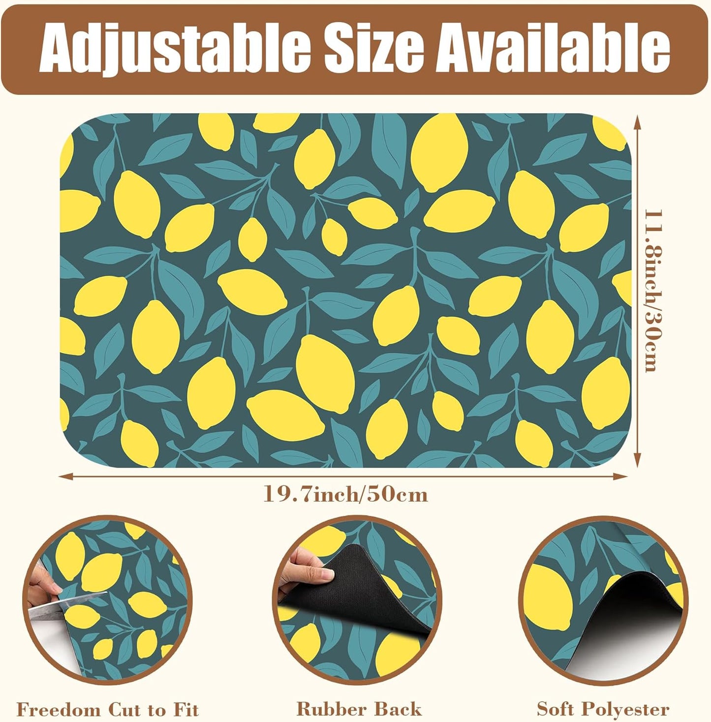 Yellow Lemon and Leaves Coffee Mat Absorbent Dish Drying Mat for Kitchen Counter Hide Stain Rubber Backed Coffee Bar Accessories Fit Under Espresso Machine Cafe Table 11.8 x 19.7 Inch