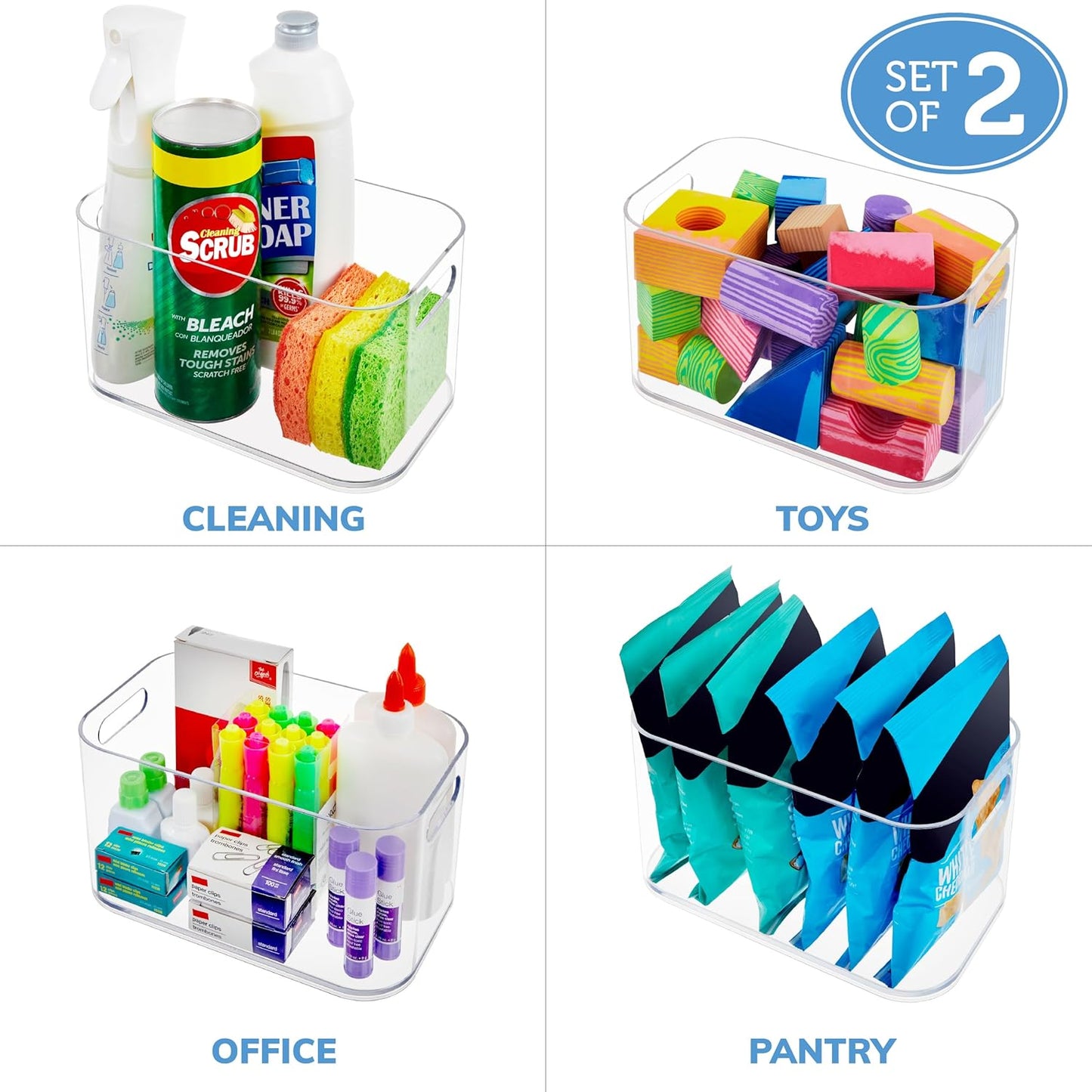 STORi Bliss 10" x 6" Open Clear Pantry Organizer Bin, Set of 2, Plastic Containers with Handle for Kitchen, Fridge, Cabinet, Closet, Bathrom, Undersink Storage Made in USA