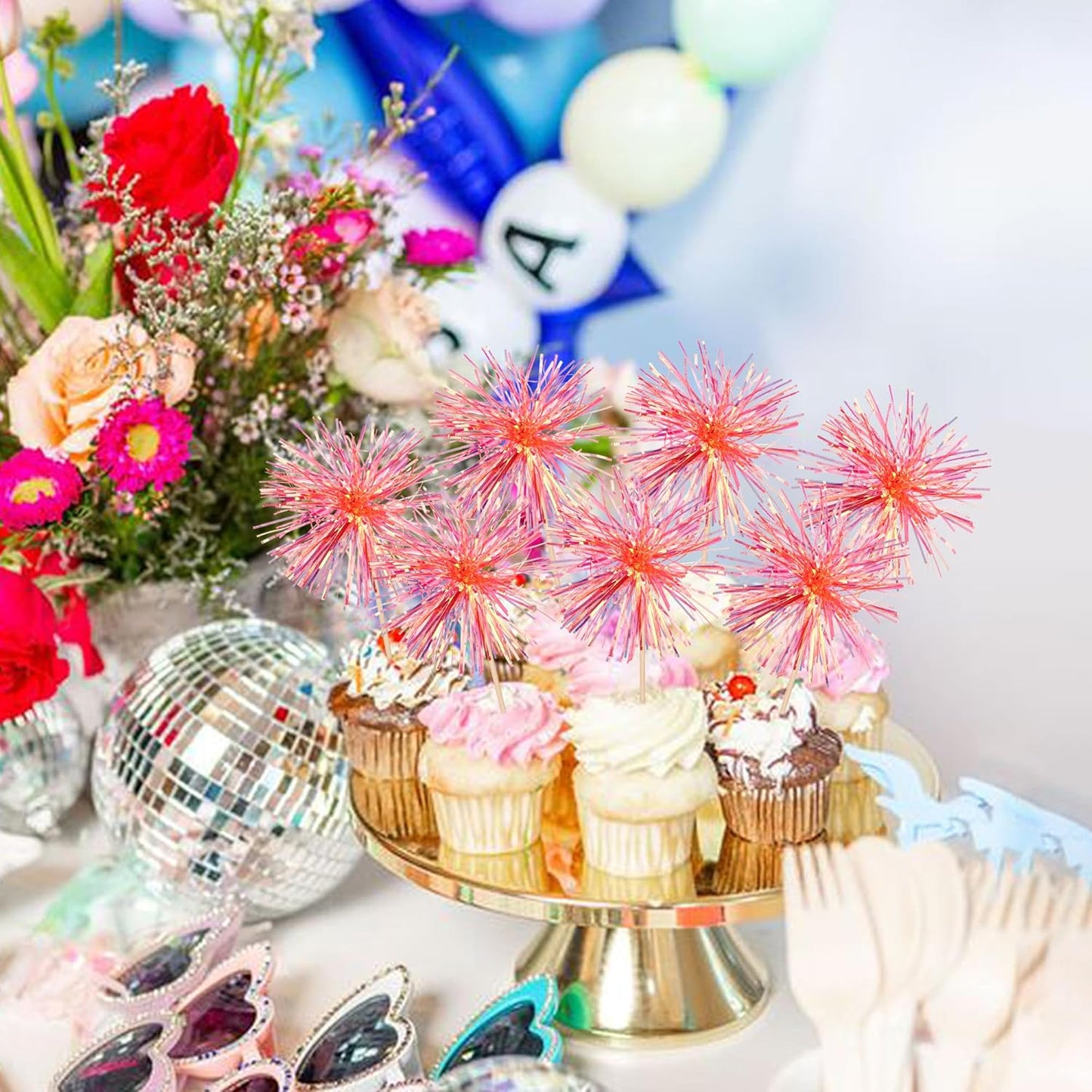 30 PCS Foil Firework Cupcake Toppers Happy Birthday Cupcake Toppers Sparkle Tinsel Flower Drink Stirrers Cocktail Fruit Toothpicks for Valentine's Day Baby Shower Party Cake Decor Supplies Orange