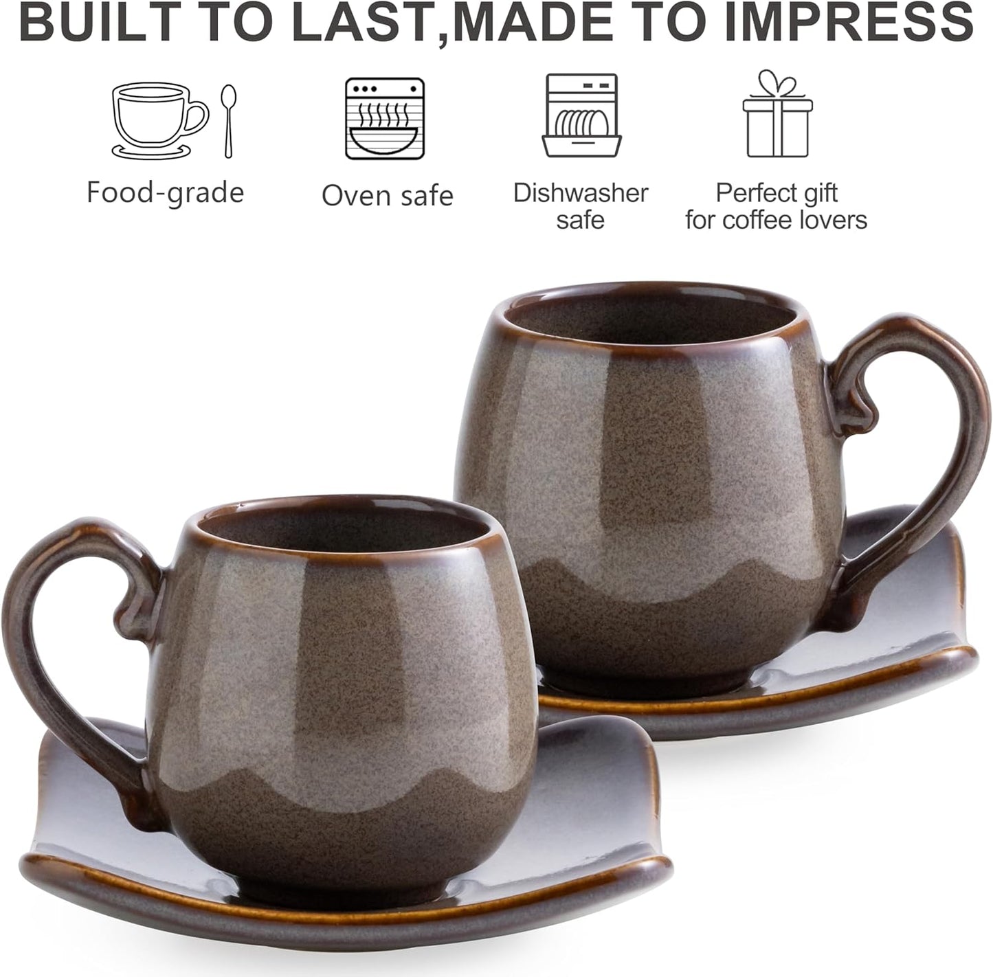 LYEOBOH 3oz Coffee Espresso Cups with Saucers Set of 6, Ceramic Small Coffee Cups with Holder and Spoons, Cute Demitasse Cups for Espresso, Latte, Mocha, Housewarming Gift - Farmhouse, Brown