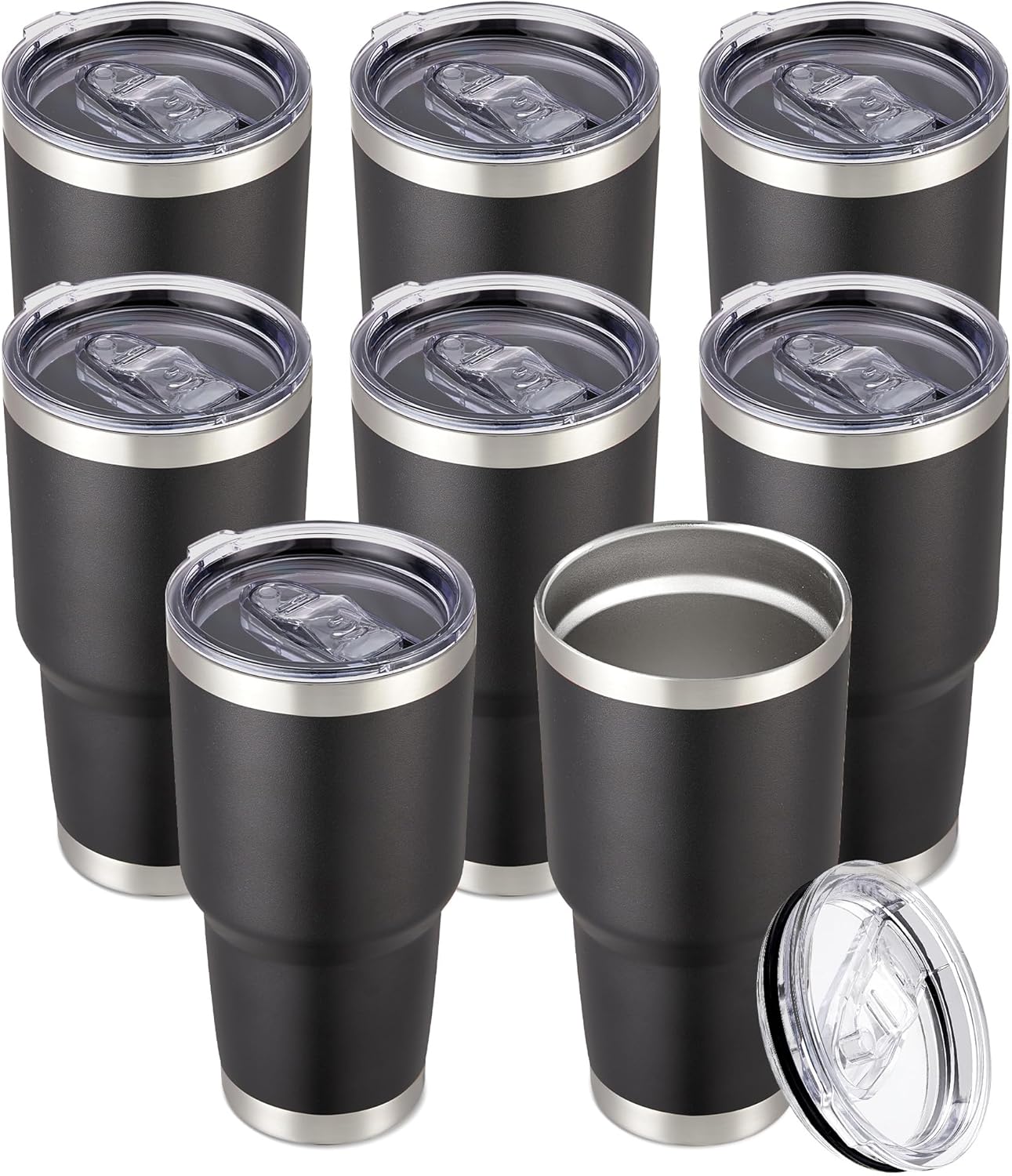 30 oz Tumbler with Lid Stainless Steel Tumblers Bulk Vacuum Insulated Cup Reusable Powder Coated Travel Mug Double Wall Leak Proof Cups Keep Cold Drinks for 12 Hours Black, Set of 8