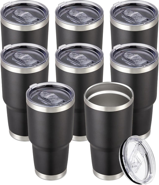 30 oz Tumbler with Lid Stainless Steel Tumblers Bulk Vacuum Insulated Cup Reusable Powder Coated Travel Mug Double Wall Leak Proof Cups Keep Cold Drinks for 12 Hours Black, Set of 8