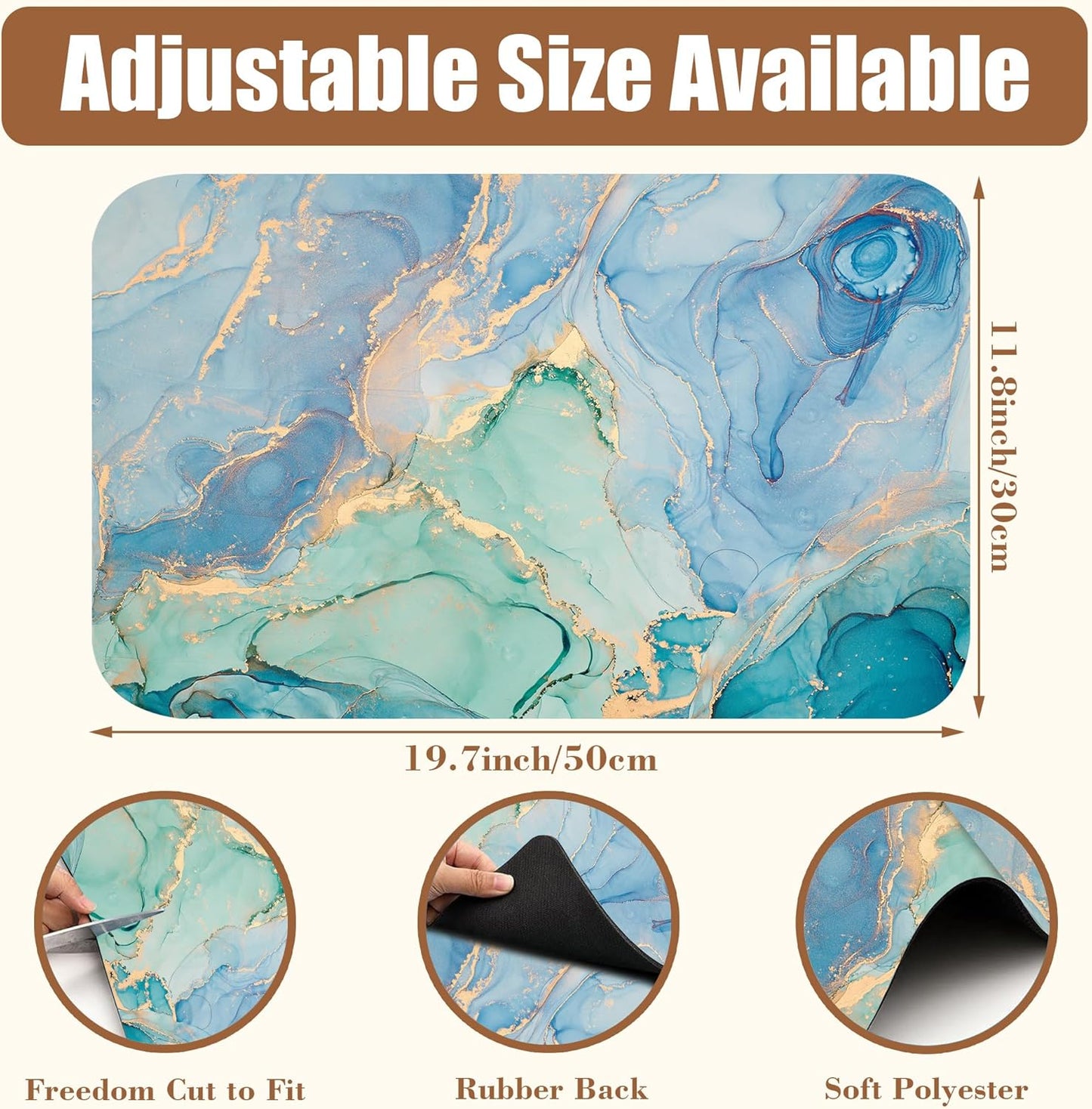 Turquoise and Blue Marble Coffee Mat Absorbent Dish Drying Mat for Kitchen Counter Hide Stain Rubber Backed Coffee Bar Accessories Fit Under Espresso Machine Dish Drainer, 11.8 x 19.7 Inch