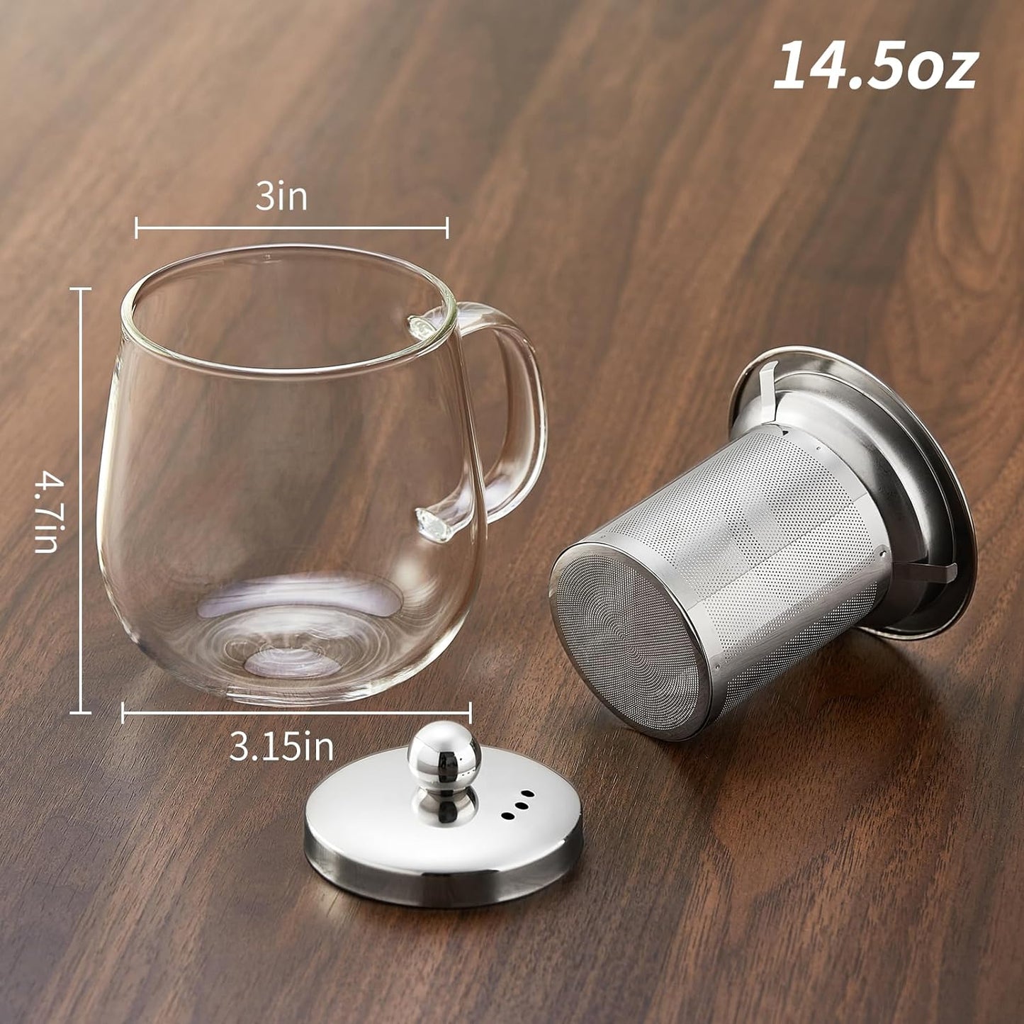 Glass Tea Cup with Infuser and Lid, 14.5oz/450ml Large Borosilicate Glass Teacup with Stailess Steel Filter, Clear Mug for Loose Leaf Blooming Tea, Dishwasher Safe - Tea Maker Gift