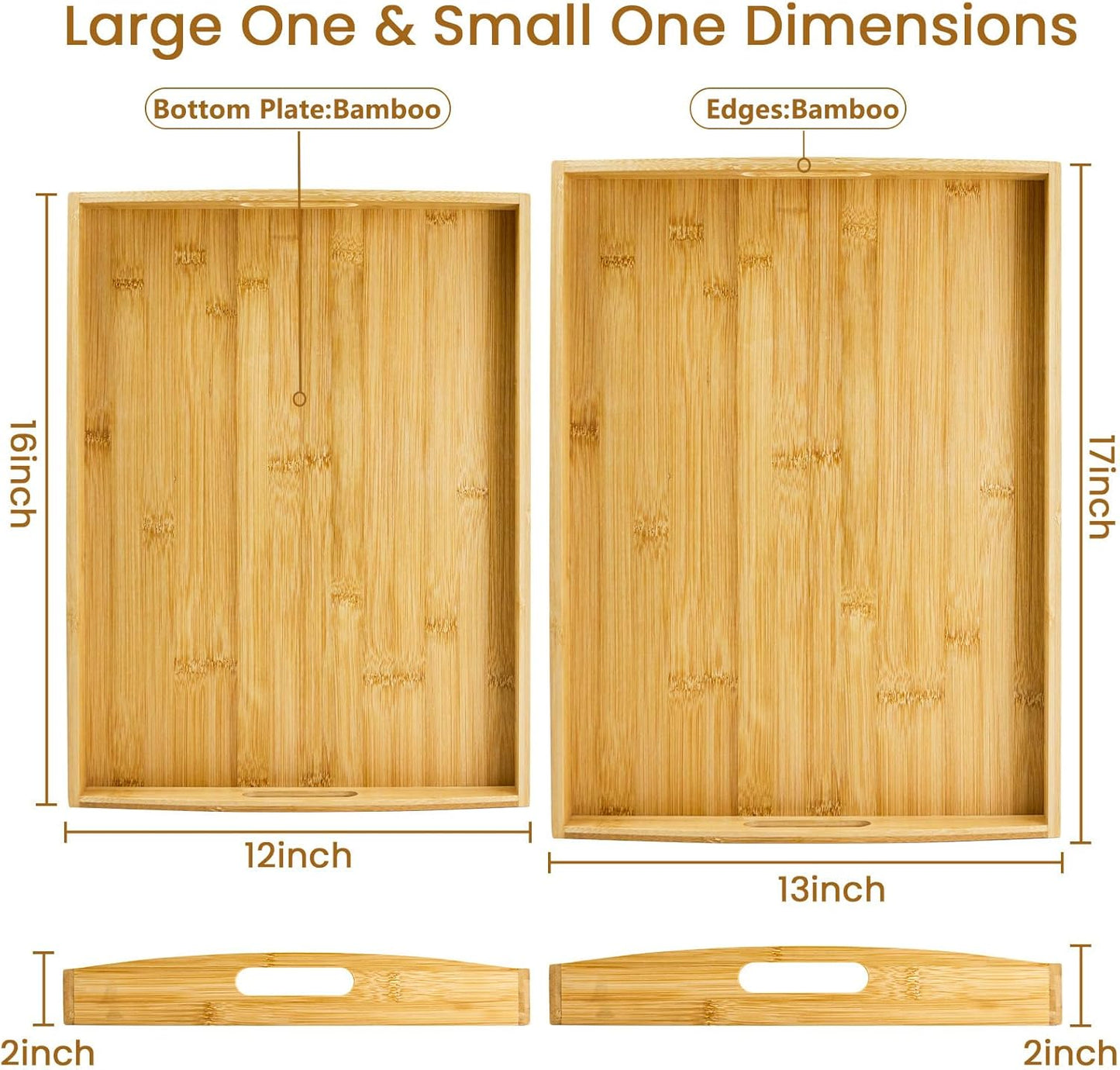 GOLD HONEY Bamboo Serving Tray with Handles Set of 2 - Decorative Wooden Tray for Living Room, Bathroom, Suitable for Used in Bedroom, Kitchen, Coffee Table, Outdoor and Storing - 17x13in, 16x12in