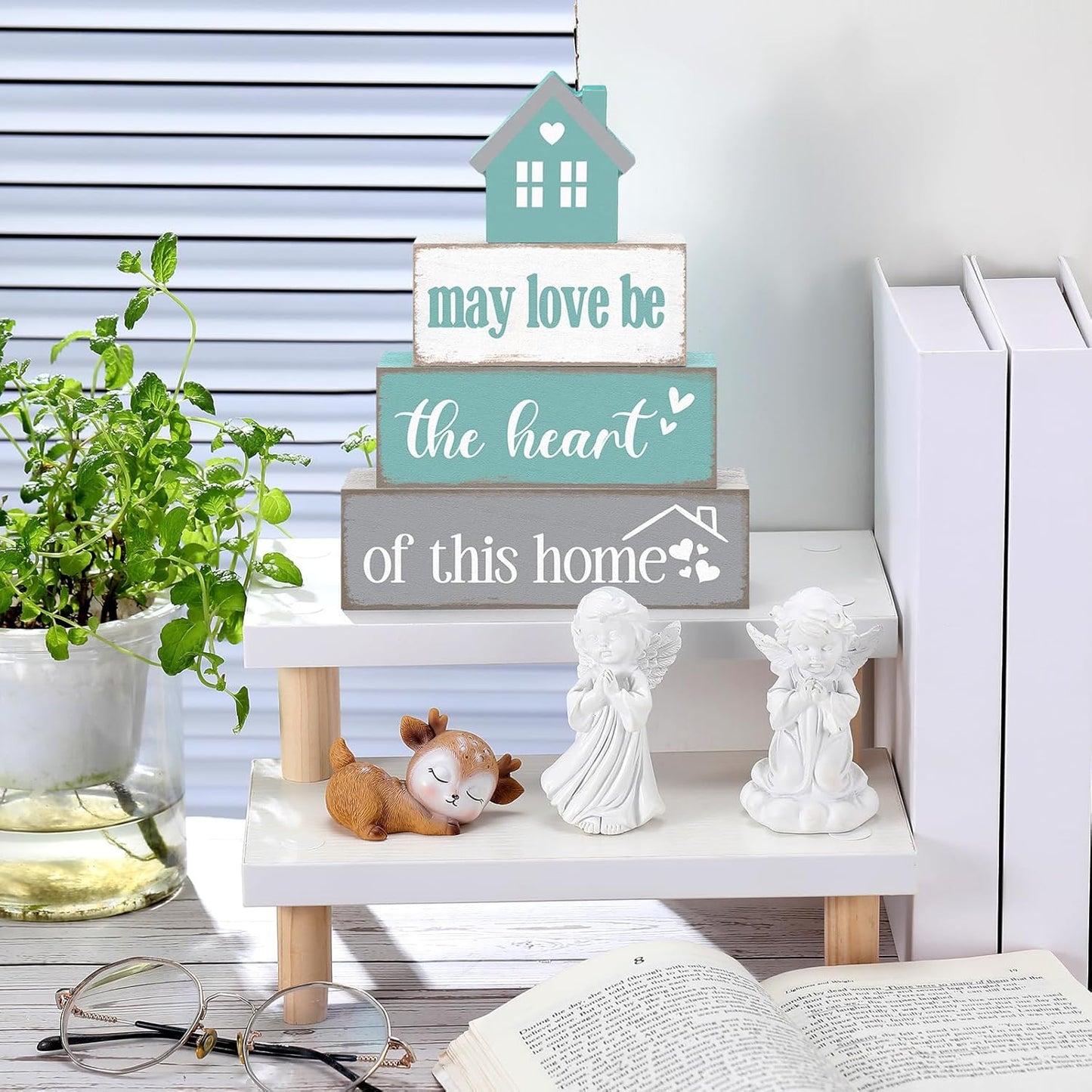 Farmhouse Wooden Tabletop Decor Home Tiered Tray Decor Rustic Pastel May Be Love The Heart of This Home Wood Sign Neutral Decorations for Coffee Shelf Desk Centerpiece Decoration