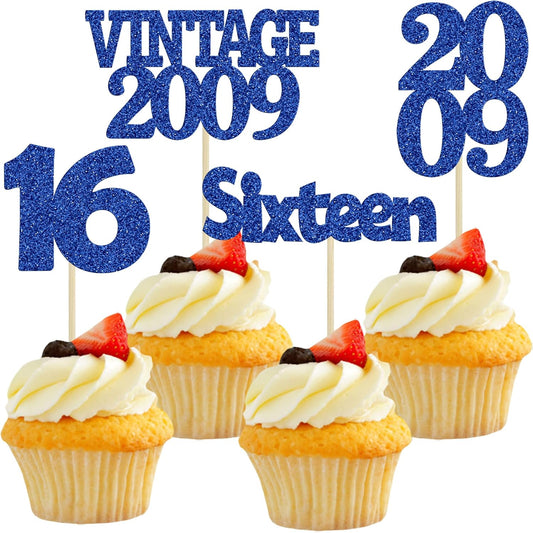 Gyufise 24pc 16th Birthday Cupcake Toppers - Deep Blue