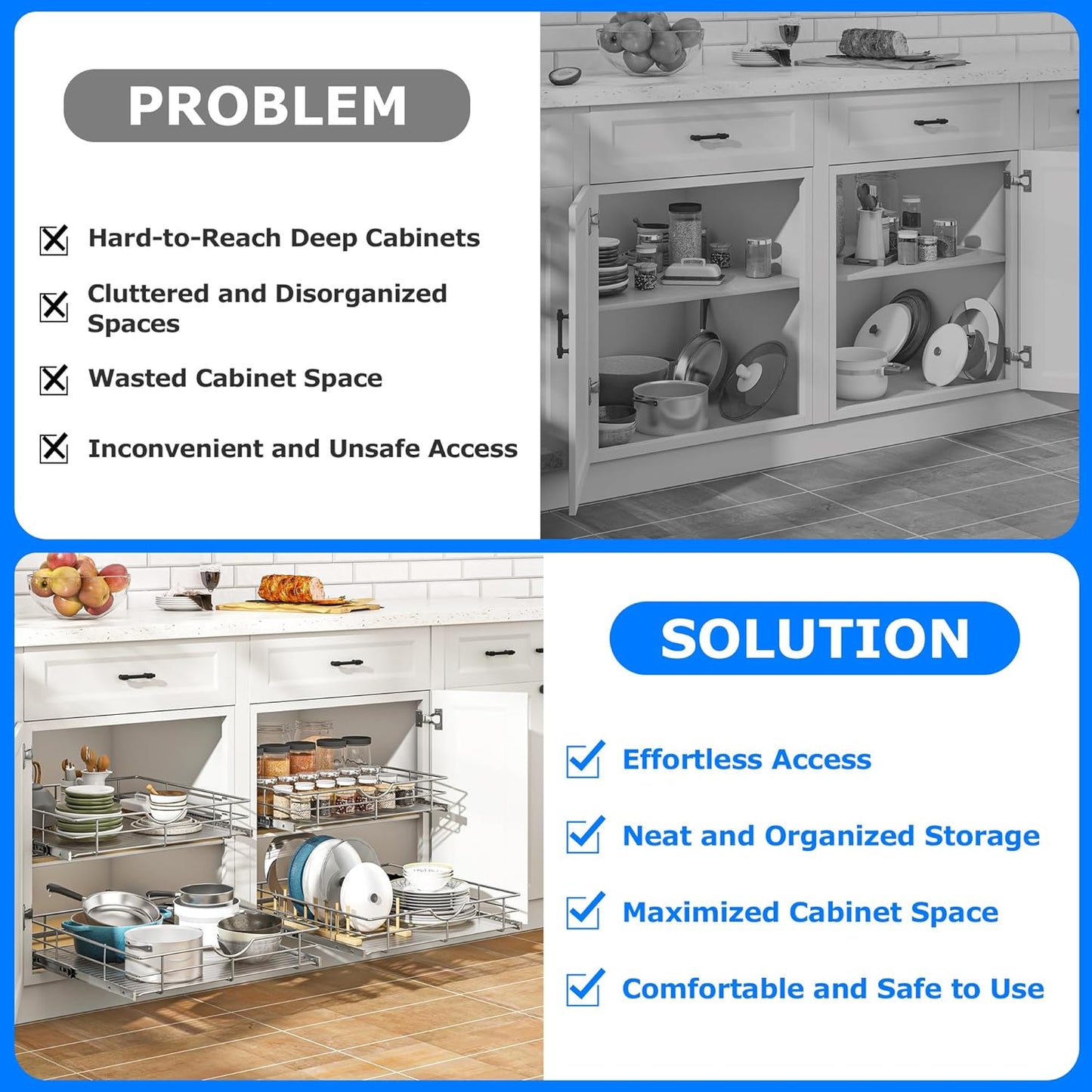 WelFurGeer Soft Close Slide Out Cabinet Shelf, 11" W x 22" D Pull Out Drawers for Kitchen Cabinets, Kitchen Shelf Organizer, Cupboard Organizers and Storage, Under Cabinet Pull Out Shelves