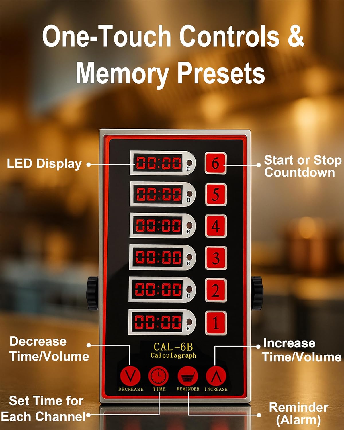 Commercial 6 Channel Kitchen Timer, Digital Stainless Steel Restaurant Timer with Loud Alarm, Multi-Event Reminder for Fryer, Baking