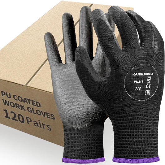 Kebada 120 Pairs Work Gloves Bulk Pack, Mens Work Gloves with Grip, PU Dipped Gloves for Warehouse, Construction, Gardening and Mechanics, Black, Small