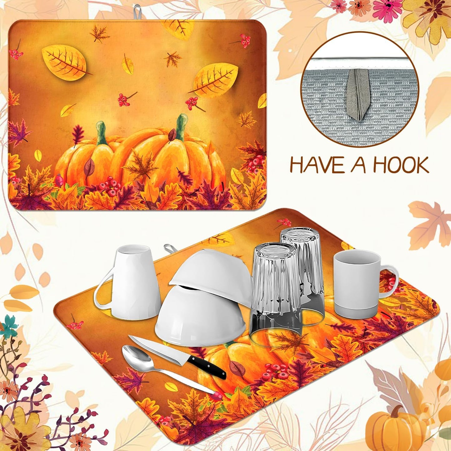 Autumn Fall Dish Drying Mat Harvest Pumpkin Maple Leaf 18 X 24 Inch For Kitchen Counter Reversible Dish Drying Pad Water Absorbing And Drying Mat For Kitchen Coffee Bar Decoration