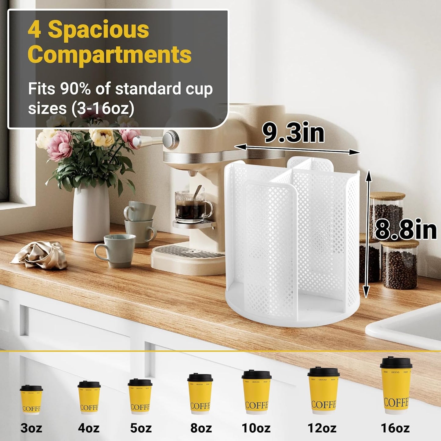 4-Compartment Rotating Paper Cup Holder & Coffee Cup Lid Storage Dispenser, Plastic Cup Dispenser Removable, Space-Saving Countertop Cup Holder for Coffee Bars, Kitchens (White)