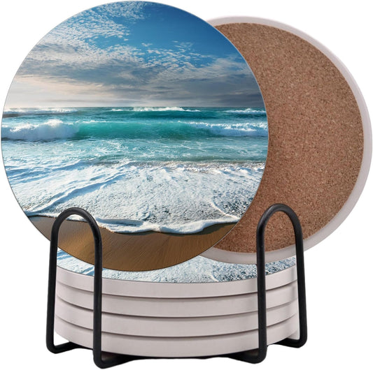 Ocean Coastal Theme Round Coasters Set of 6 - Abosrbent Ceramic Coasters with Metal Stand for Drinks, Beer, Coffee, Non-Slip Cork Back for Tabletop Protection, 4 Inches (Beach)