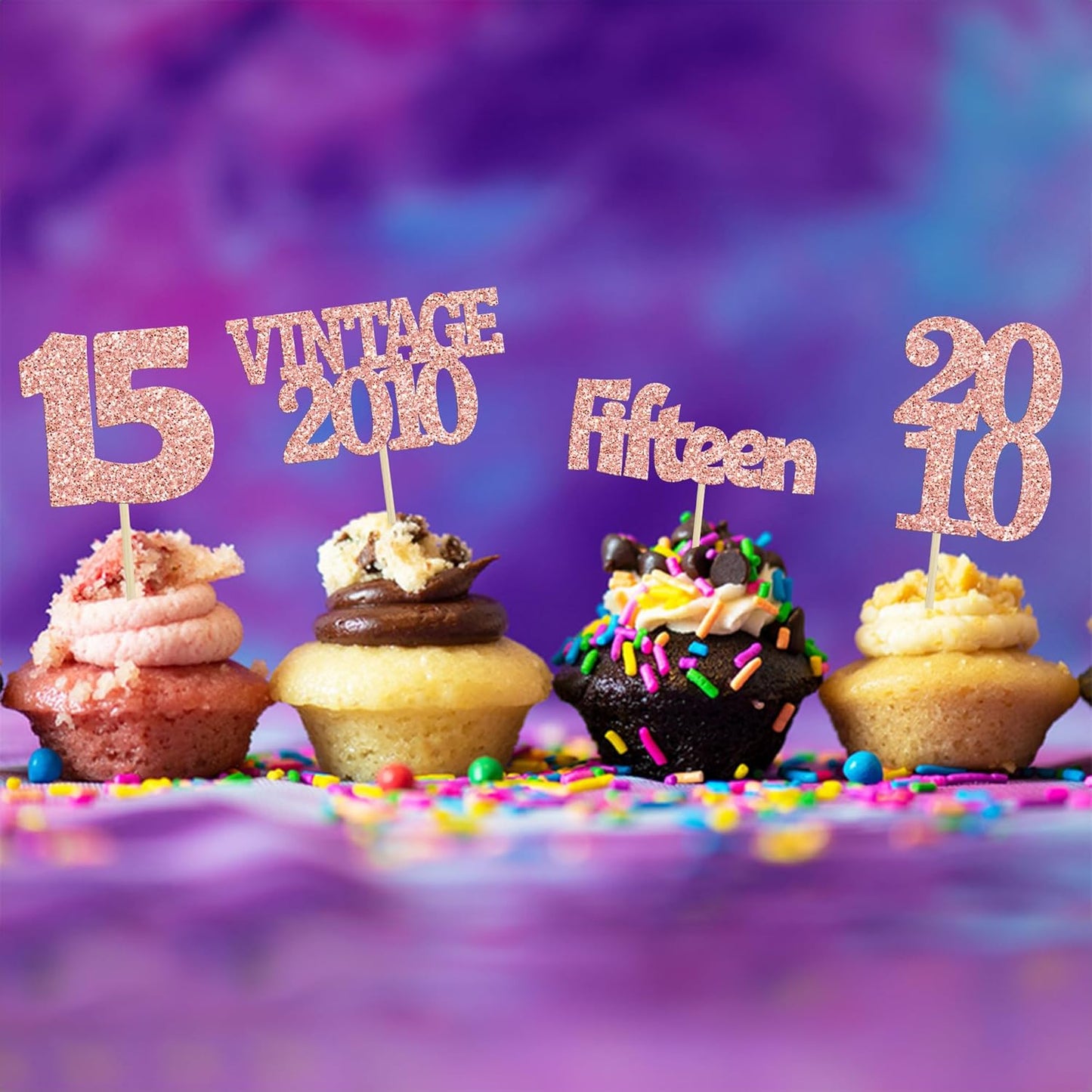 Gyufise 24Pcs 15th Birthday Cupcake Toppers Glitter Fifteen Vintage 2010 Hello 15 Years Birthday Cupcake Picks Sweet 15 Cake Decorations for Happy 15th Anniversary Party Supplies Rose Gold