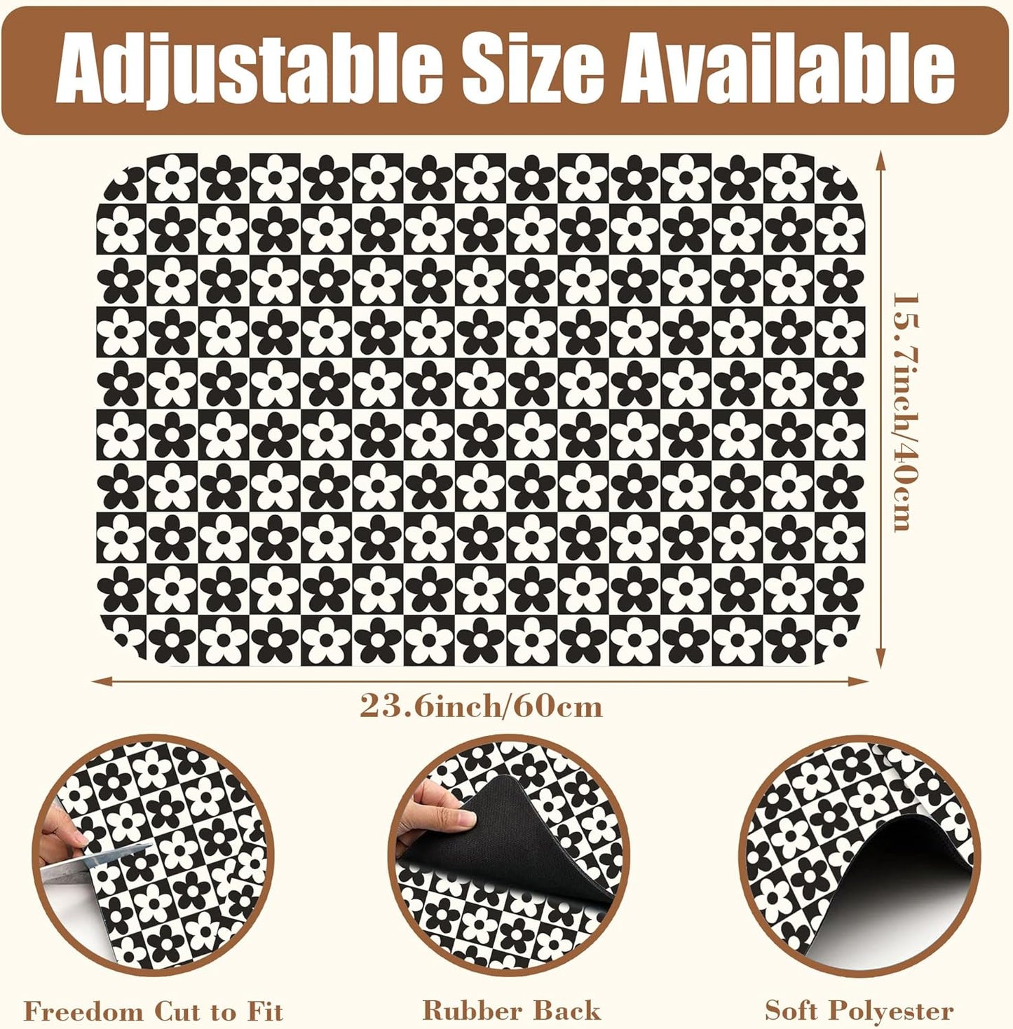 Black and White Checkered Flower Dish Drying Mat for Kitchen Counter Absorbent Coffee Mat Hide Stain Rubber Backed Drying Rack Pad Espresso Machine Coffee Bar Accessories 15.7 x 23.6 Inch