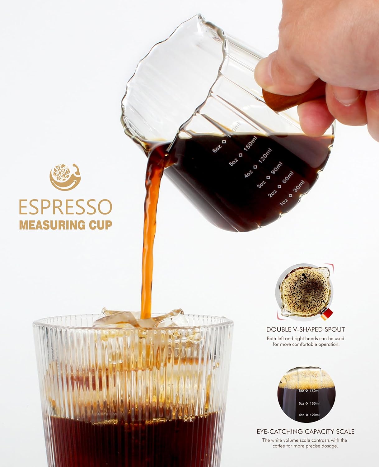 Double V-Spout Espresso Shots Cup (6OZ) with Wooden Handle - Left & Right Handed | Milk Frothing Pitcher & Measuring Cup | Espresso Accessories Set with Bonus Walnut Stirrer
