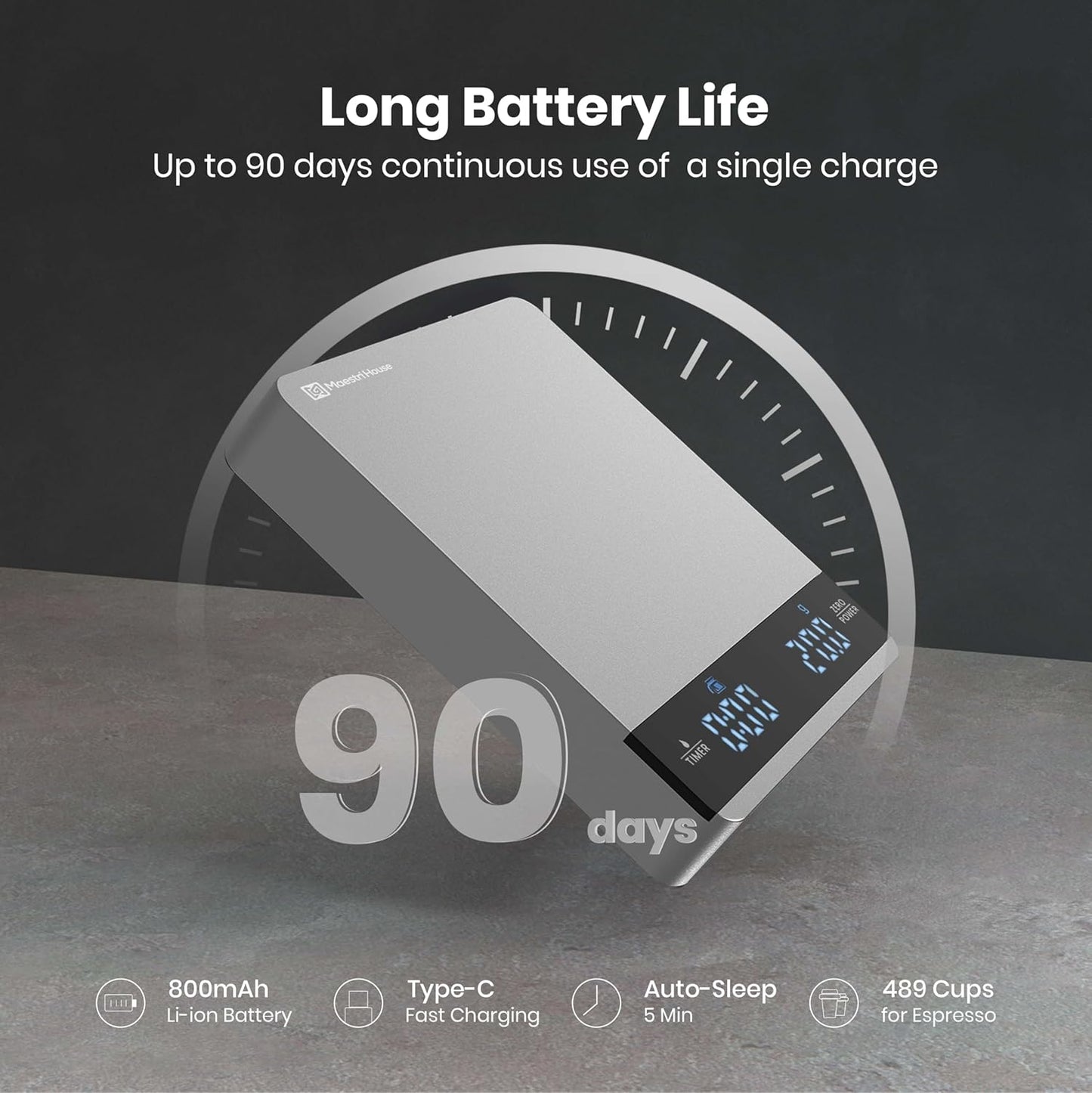 Mini Coffee Scale with Timer, Maestri House Rechargeable Espresso Scale, 2kg/0.1g Accurate Scale for Espresso and Pour-Over Coffee, Portable Digital Kitchen Scale with Automatic Timing-Silver