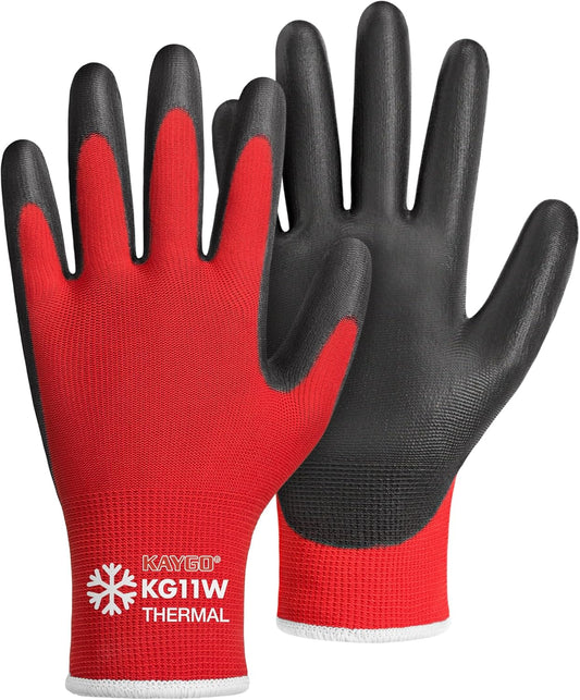 KAYGO Winter Work Gloves for Men and Women, 12 Pairs Thermal Insulated Safety Work Gloves PU Coated, Smooth Grip on Palm & Fingers,Ideal for Freezer Work,Red,XL