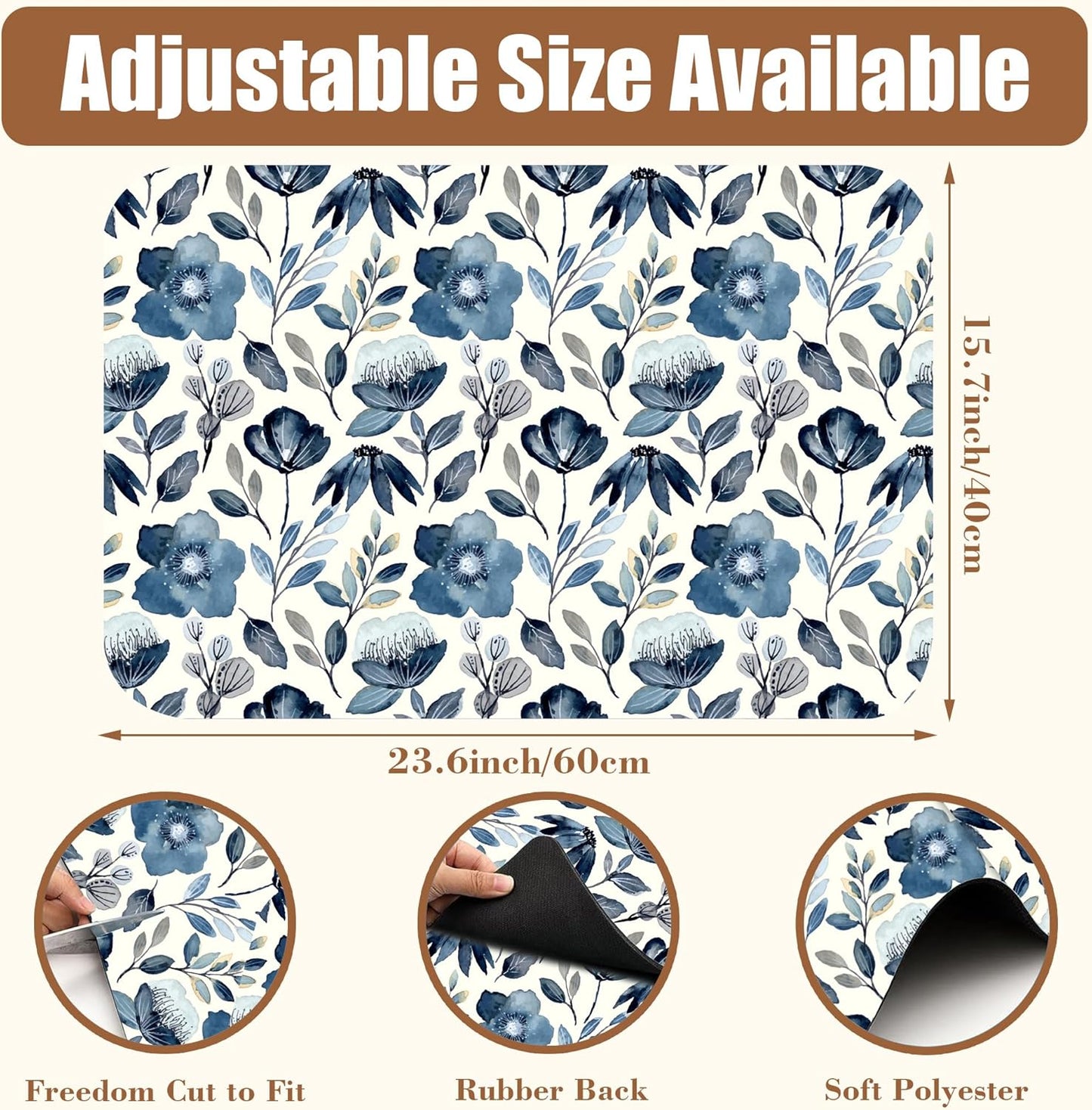 Blue Flowers Dish Drying Mat for Kitchen Counter Coffee Bar Mat Hide Stain Absorbent Coffee Mat with Non-Slip Rubber Backed Coffee Maker Espresso Machine Coffee Bar Accessories 15.7 x 23.6 Inch