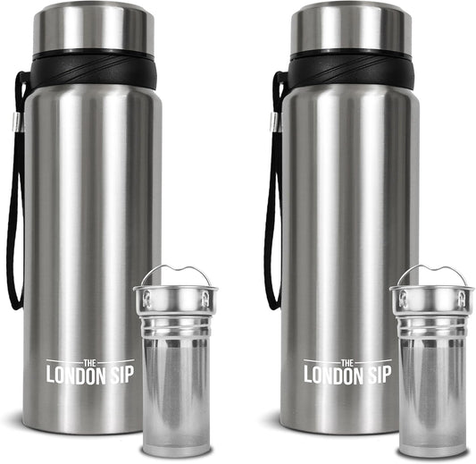 London Sip 25 oz Multi-Function Travel Mug and Tumbler Tea Infuser Water Bottle Fruit Infuser Flask Hot and Cold Double Wall Stainless Steel Coffee Thermos, Cosmic Silver, Pack of 2