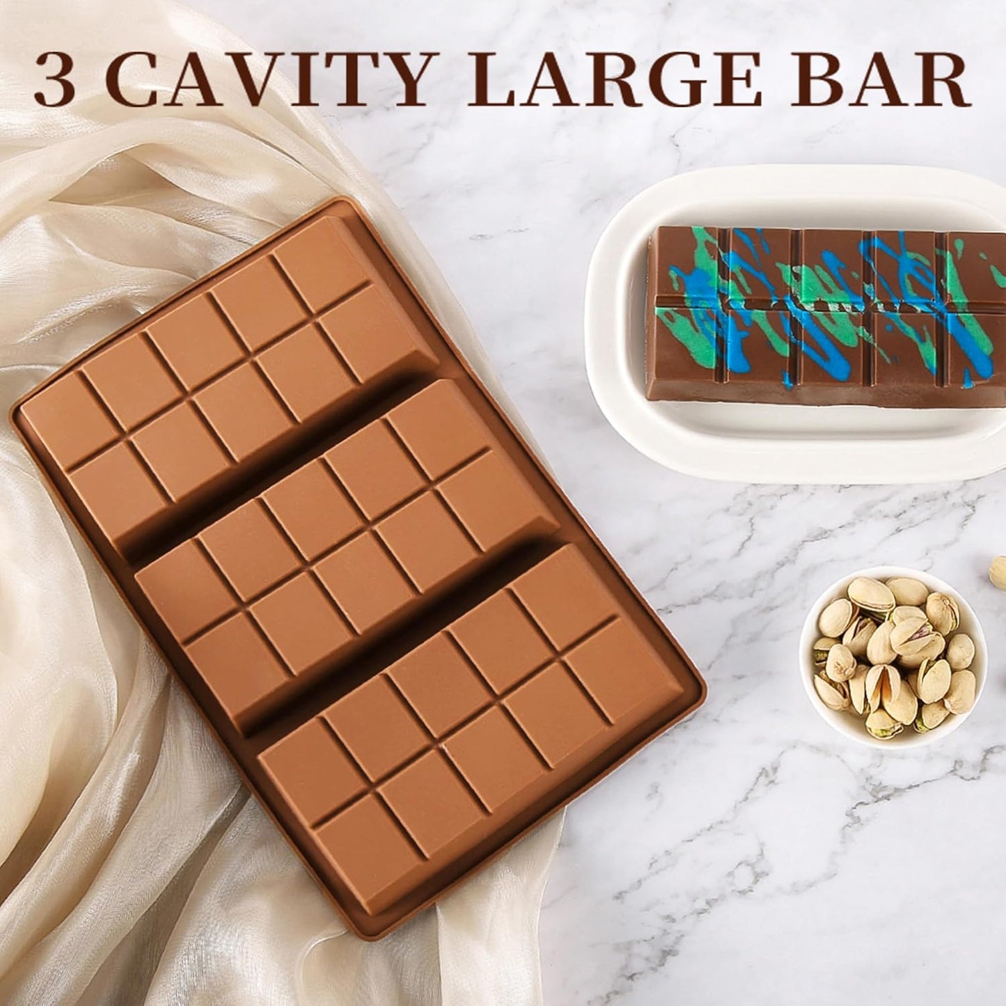 1 Inch Deep Chocolate Bar Mold, 3 Cavity Large Dubai Chocolate Molds, Thick Candy Bar Mould for Filling（2 Packs）