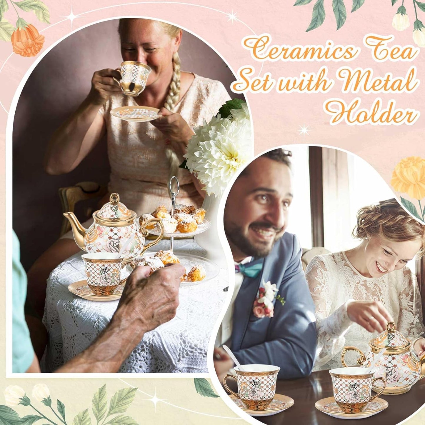 Zhehao 20 Pcs Porcelain Tea Set with Metal Holder and Spoon Adult Ceramic Tea Party Set European Flower Painting Teapot Cup Saucer Spoon Set for Women, Large Version(Delicate Style)