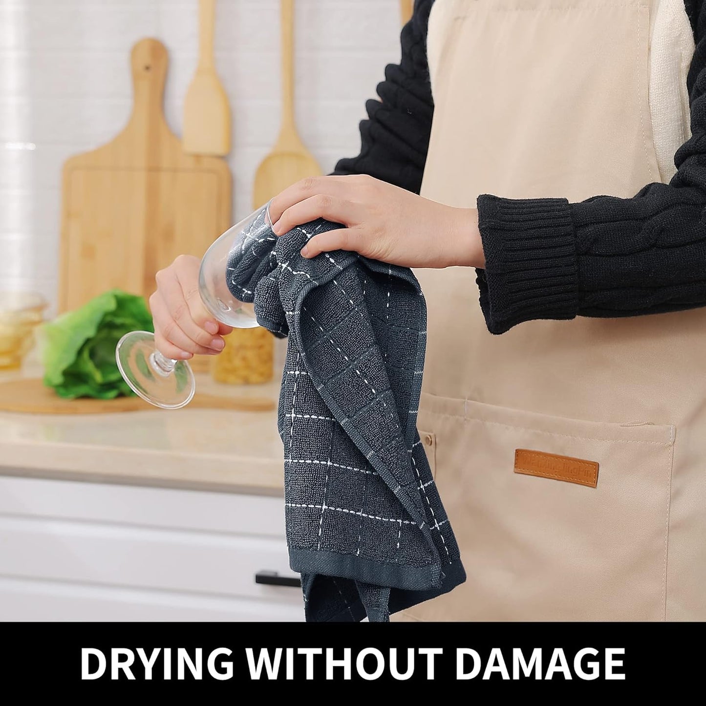 Homaxy 100% Cotton Terry Kitchen Towels(Dark Grey, 13 x 28 inches), Checkered Designed, Soft and Super Absorbent Dish Towels, 12 Pack