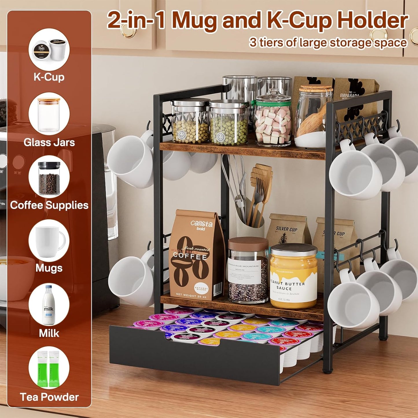 Coffee Bar Organizer Countertop, 2 Tier Mug Cup Holder Stand with 12 Hooks, 30 K Cup Coffee Pod Drawer with Mug Rack, Multifunctional Shelf Organizer for Accessories Station Kitchen (Brown)