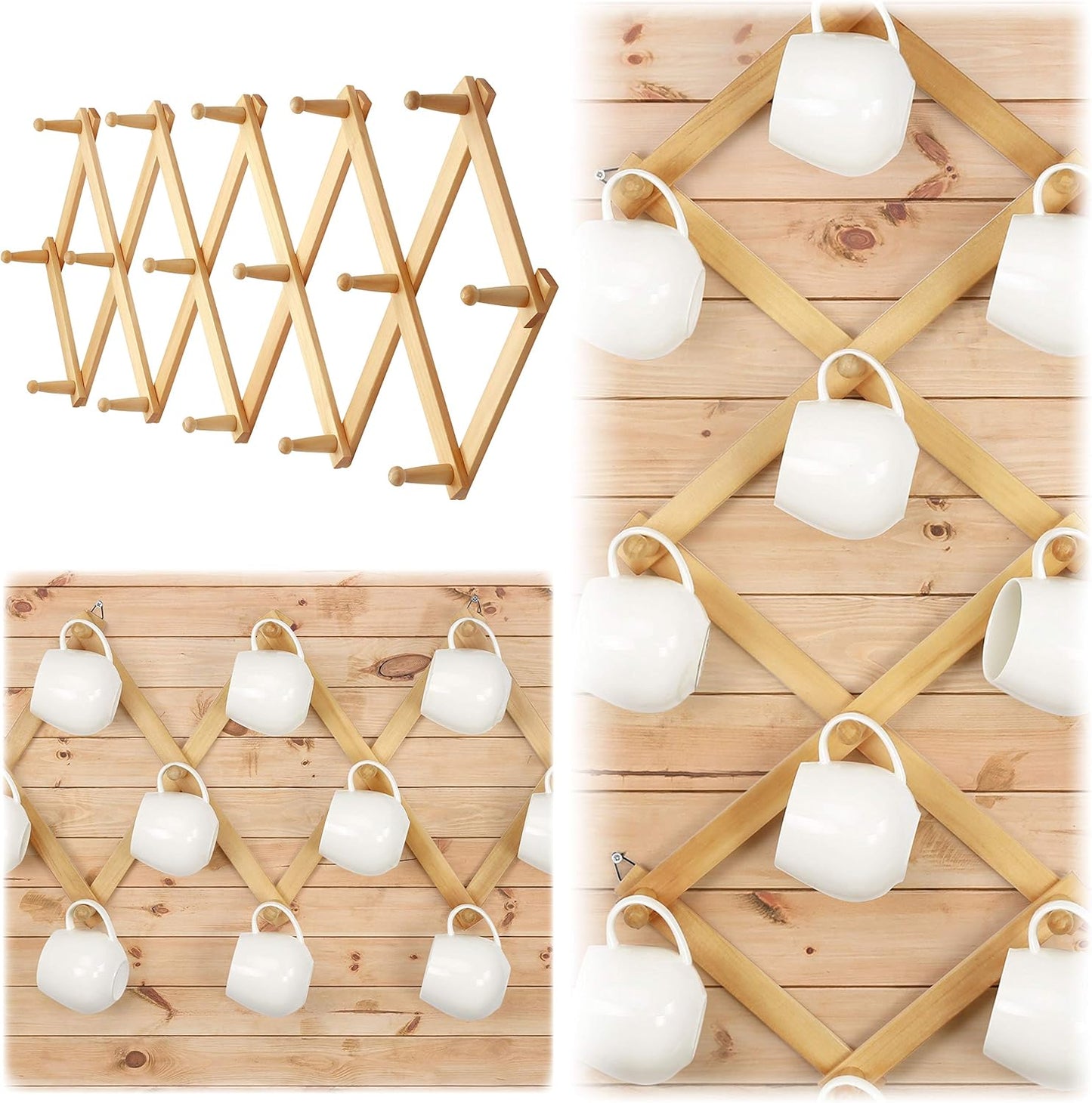 Dseap Accordian Wall Hanger: 16” High Wooden Wall Expandable Coat Rack, Hat Rack Holder, Accordion Hook for Baseball Caps, Coats, Mugs, 16 Peg Hooks, Natural