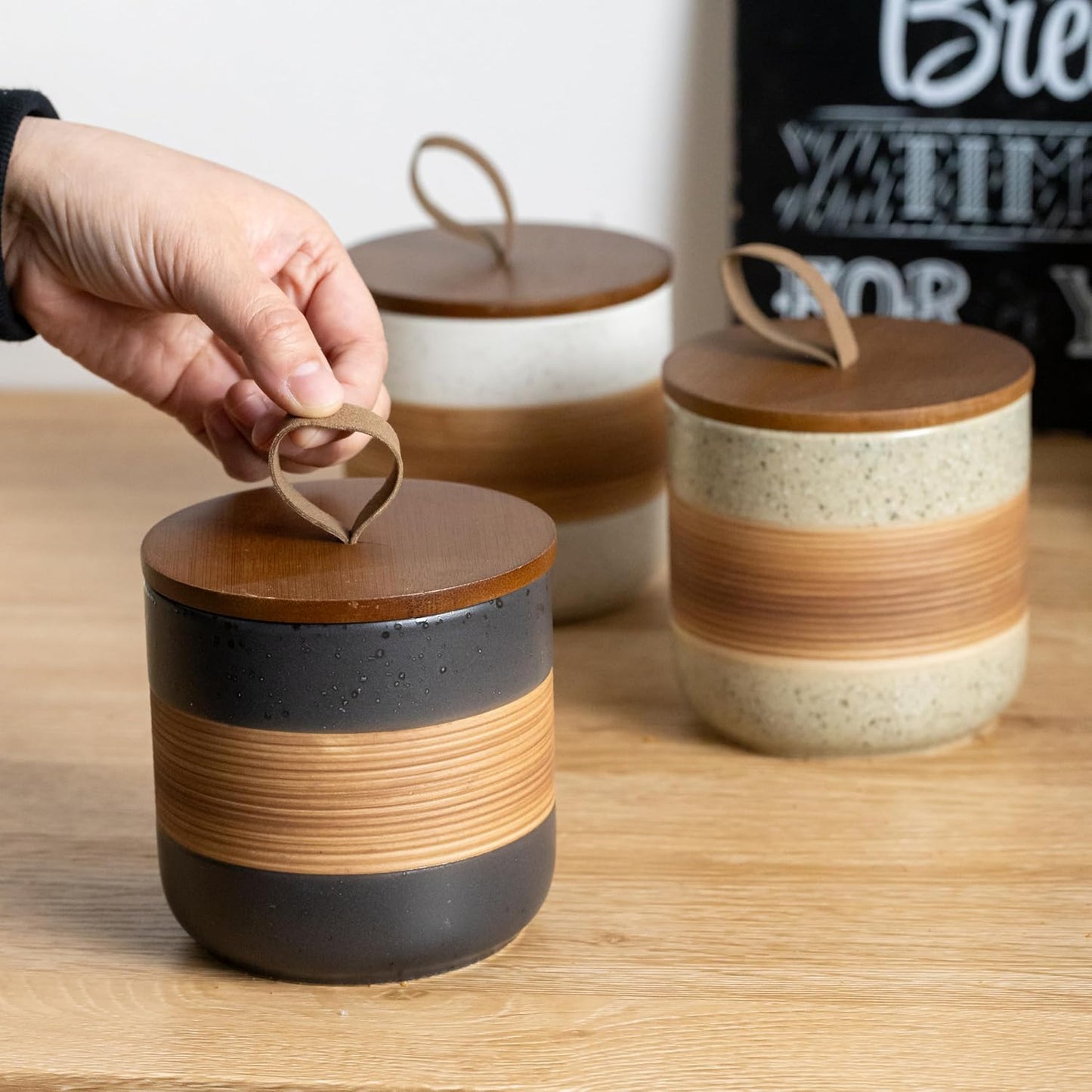 Ceramic Jar with Lid, Coffee Container Kitchen Food Storage Jars for Spice Sugar Tea Bag, Stackable Decorative Jars for Countertop, Black & 18oz