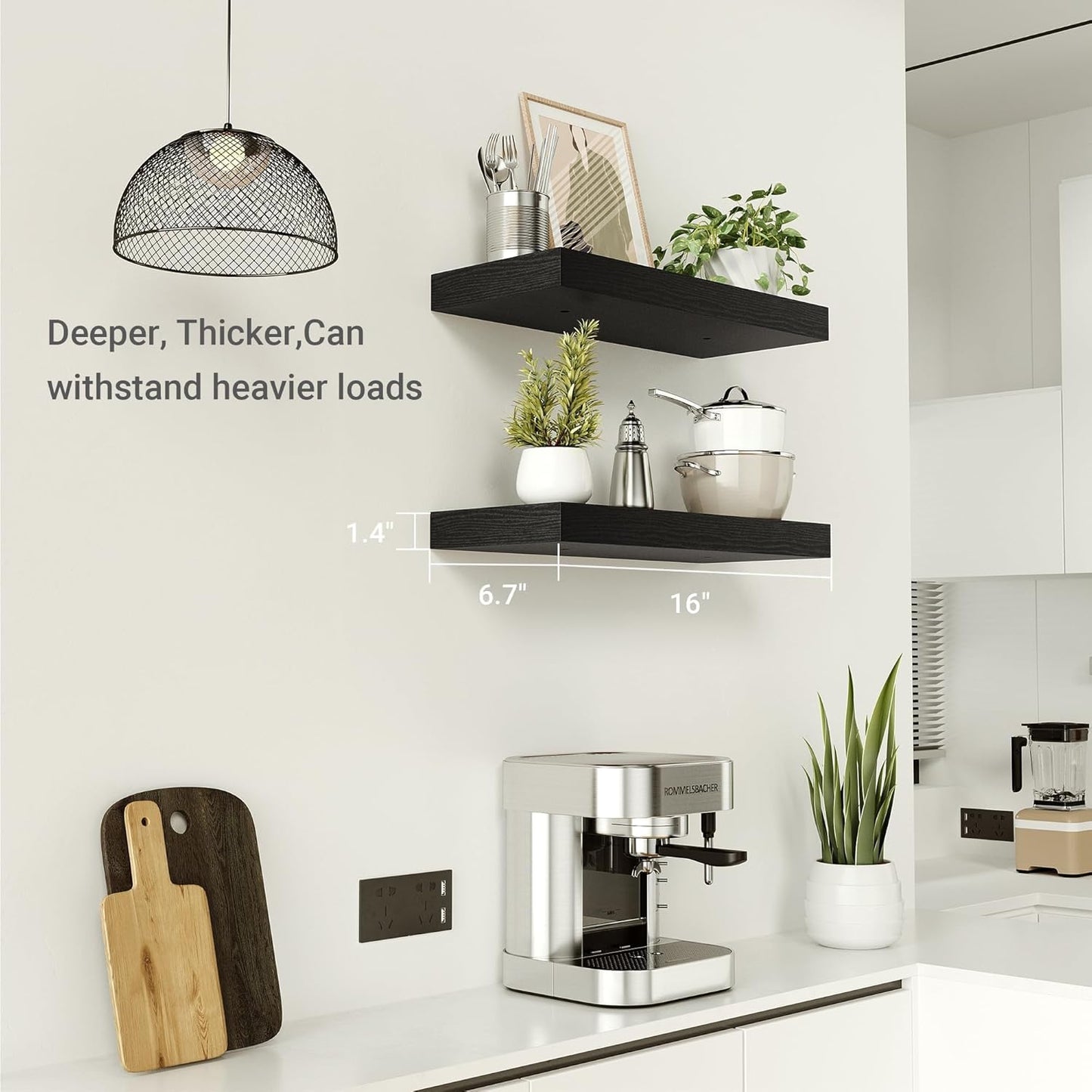 Vivelove Black Floating Shelves for Wall, 16 inchs x 6.7” deep x 1.4” Wall Shelf for Bathroom Bedroom, Living Room, Kitchen, Office Home Decor, Narrow Wood Shelves with Invisible Brackets Set of 2