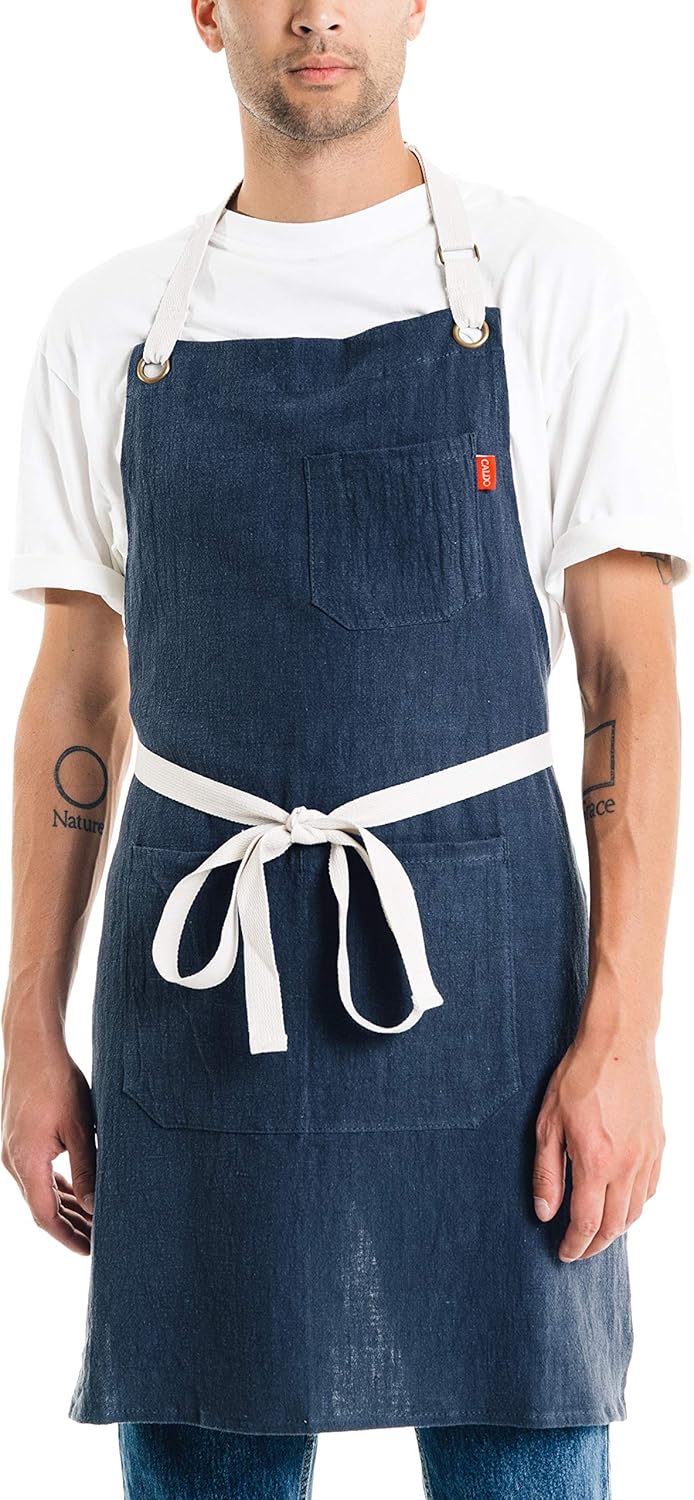 Caldo Linen Kitchen Apron for Cooking- Mens and Womens Linen Bib Apron for Professional Chef, Server, or Barista- Adjustable with Pockets (Navy)