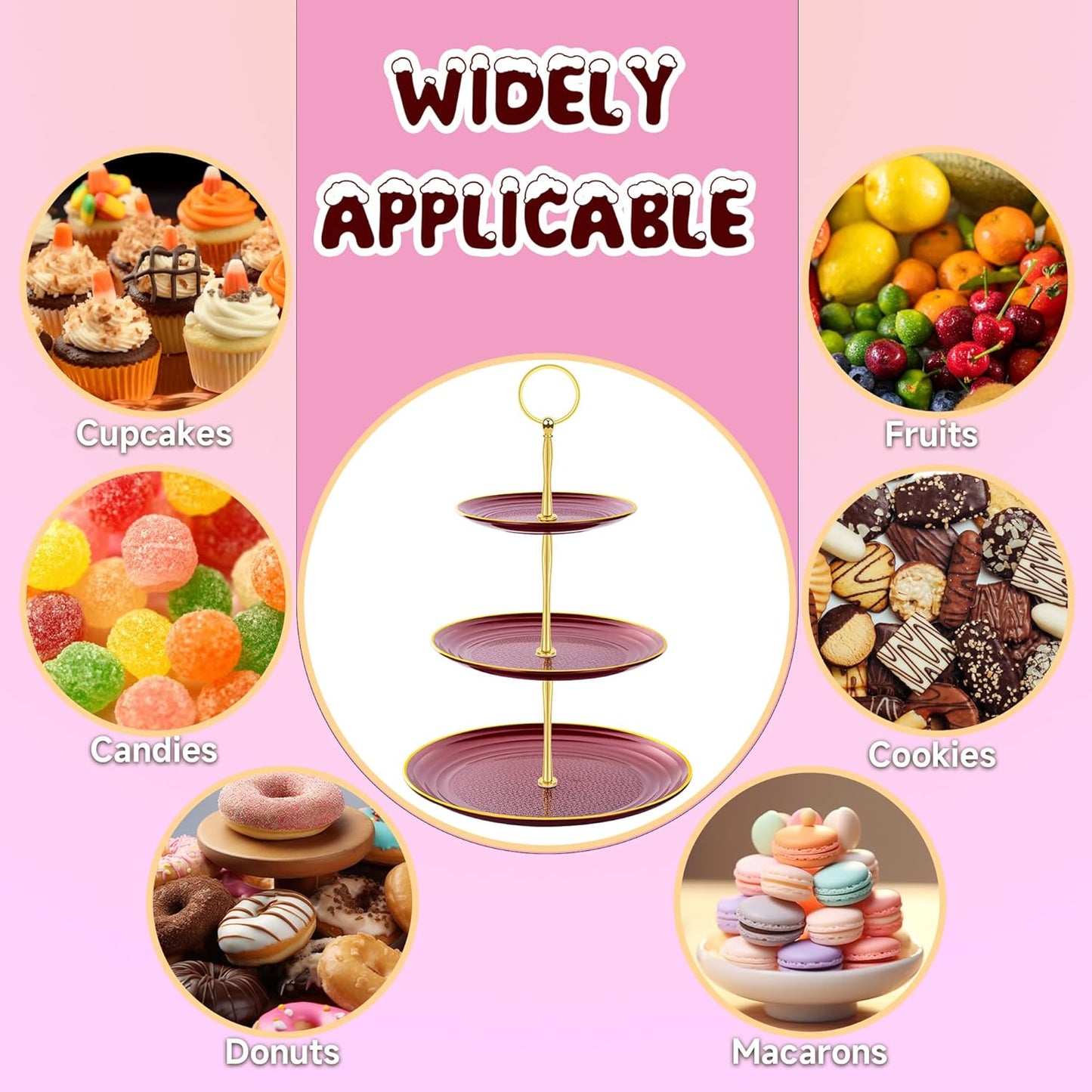 PinCute Cupcake Stand Holder - 3 Tier Cup Cake Dessert Stands, Plastic Tiered Serving Tray&Metal Rod for Birthday Party, Wedding, Tea Party, Baby Shower-Red