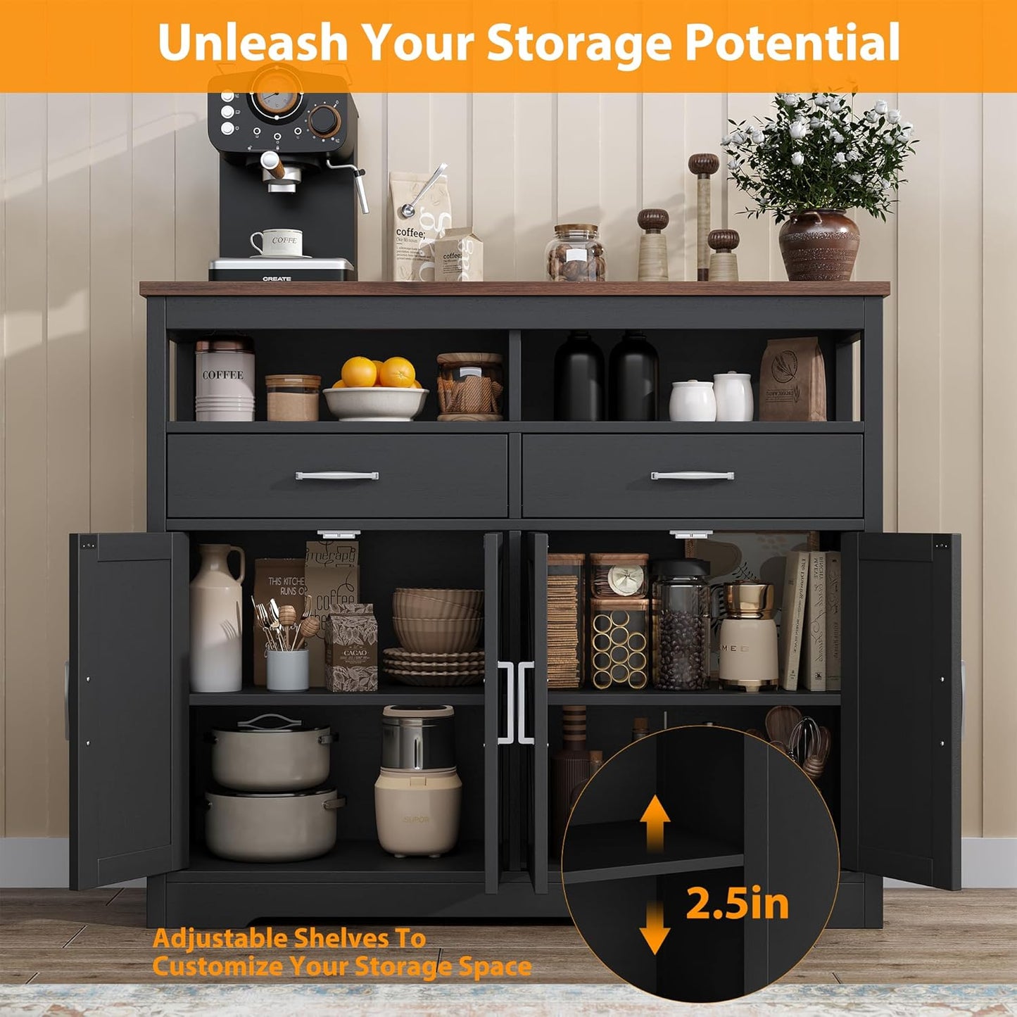 Buffet Sideboard with Storage Farmhouse with 4 Doors, 47'' Large Kitchen Storage Cabinet Wood Coffee Bar Cabinet Buffet Table with Shelves for Kitchen, Dining Room, Entryway