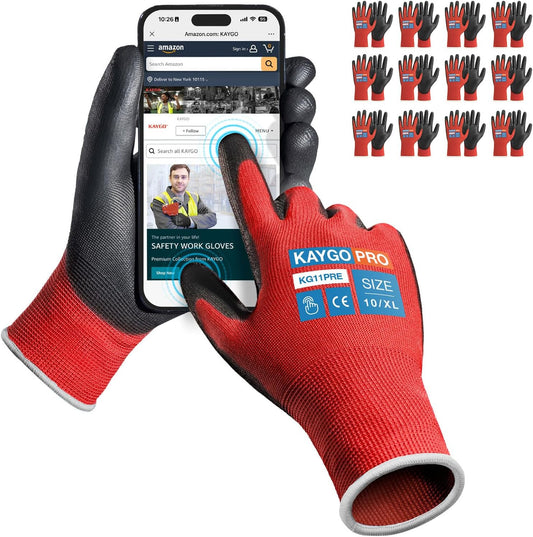 KAYGO Safety Work Gloves PU Coated for Men and Women- KG11P,12 Pairs,Seamless Knit Glove with Two Fingers Touchscreen,Ideal for General Duty Work (Red,XL)