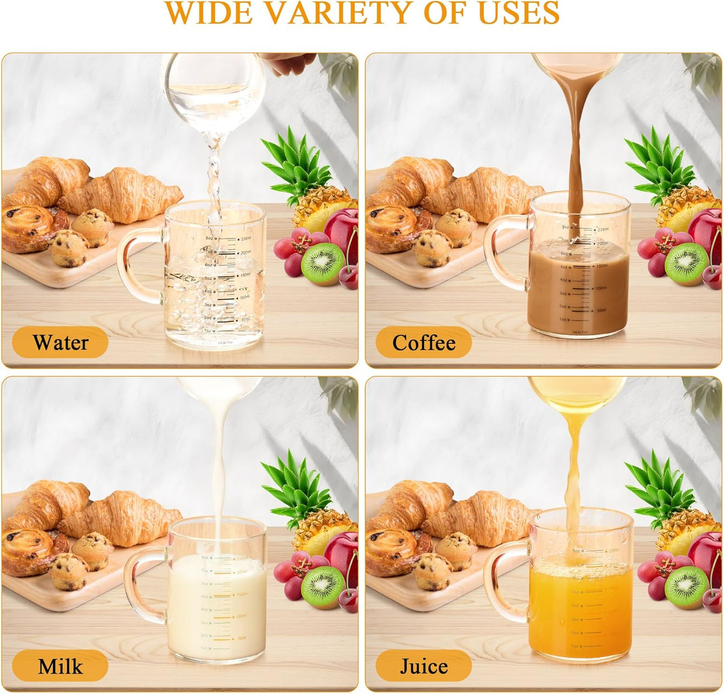 2 Piece Expresso shots cup,Glass measuring cup,8 Oz Glass Measuring Cup,Tea Glass Cups withHandles,Glass Coffee Cups for Latte(Black-2pcs)