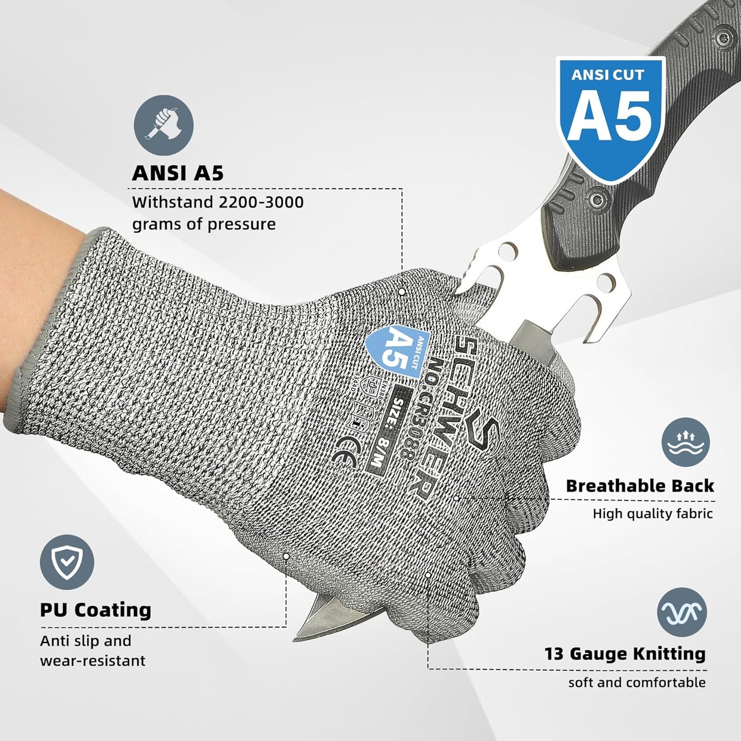 Schwer 240 Pairs ANSI A5 Cut Resistant Work Gloves, Cut Proof Gloves with PU Coating, Used for Metal Fabrication, WoodWorking, Construction, Non Slip, Durable, L, CR3088