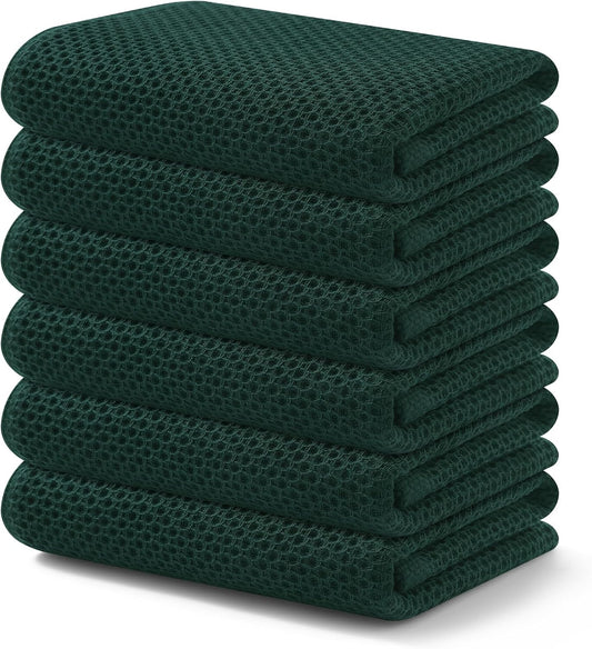 Kitinjoy 100% Cotton Waffle Weave Kitchen Towels, 6-Pack Super Soft and Absorbent Dish Towels for Drying Dishes, Kitchen Hand Towels, 13 in x 28 in, Blackish Green