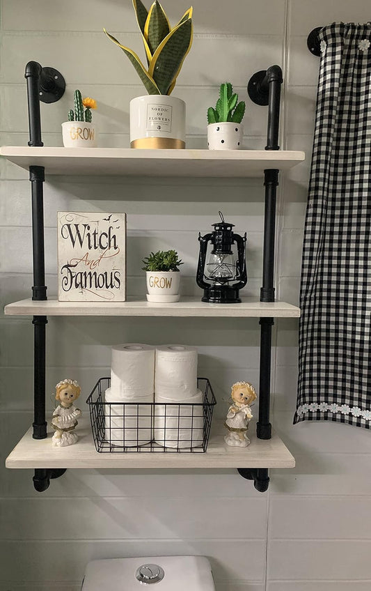 White Floating Shelves 24 inch Pipe Wall Shelves Bathroom Shelves Over Toilet with Wood Planks Industrial Pipe Floating Shelves Farmhouse Bathroom Pipe Shelves Wall Mounted