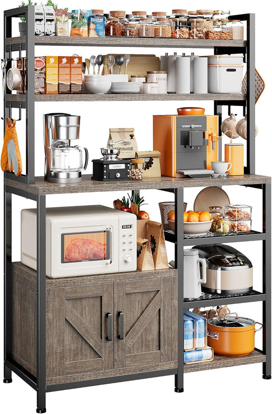 EnHomee Bakers Rack, 6 Tier Microwave Stand, Coffee Bar Organizer with 8 L-Shaped Hooks, Kitchen Shelves with Large Capacity Storage, 14.1 x 30.1 x 63.1 Inches, Black Oak
