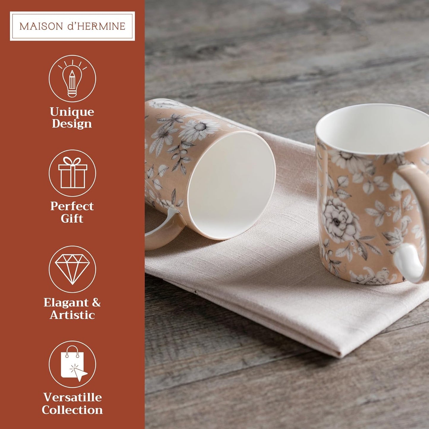 Maison d' Hermine Coffee Mug with Handles Fine Bone China Mugs Pack of Two Tea Cups for Hot Beverages Cappuccino Latte Home Restaurant Office Perfect for Gift (Pretty Autumn, 12 Ounce)