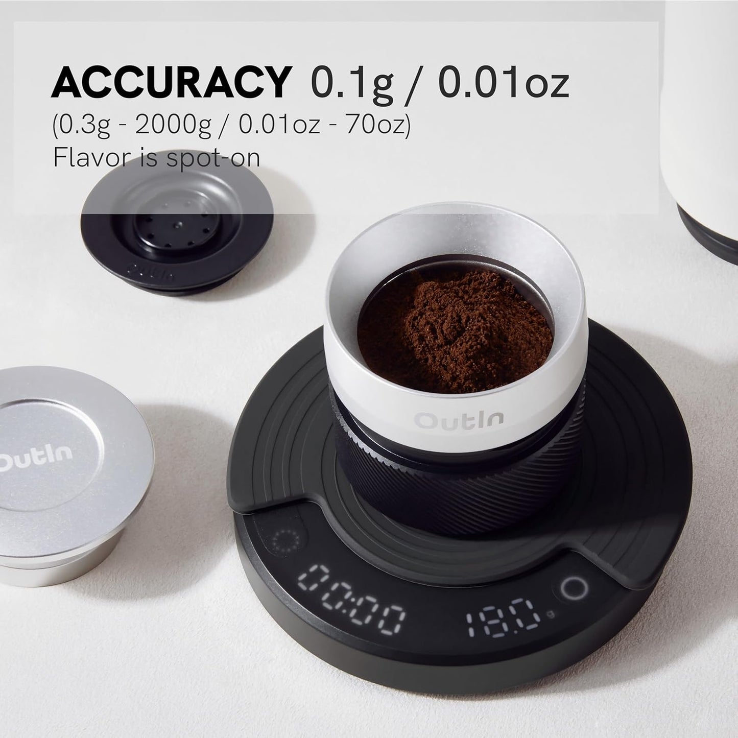 OutIn Claro Portable Coffee Scale, Espresso Scale 2kg/0.1g Accurate Measurement, Pour Over Coffee Scale Multiple Modes, Timer Function, Rechargeable, with Protective Bag