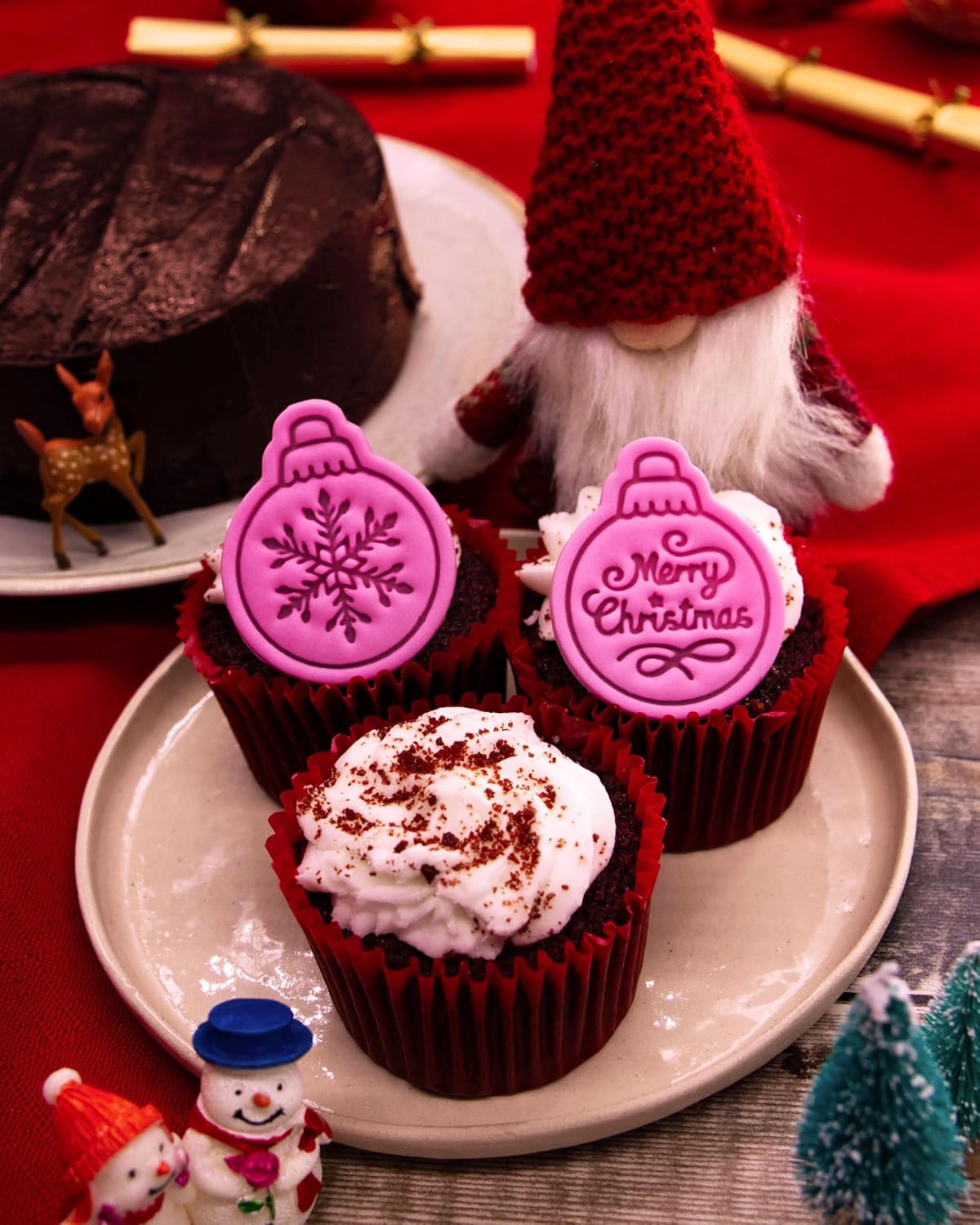 BAKERLOGY Winter Wishes – Mini Christmas Bauble Cookie Cutter and Stamp Set (2") – Set of 2 with Snowflake & Merry Christmas Designs for Festive Baking and Edible Crafts