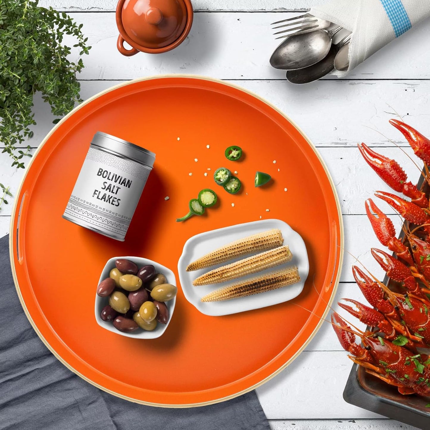 Orange Round Decorative Tray with Handles, 13" Versatile Serving Tray for Coffee Table, Ottoman, Ideal for Serving, Displaying, Organizing