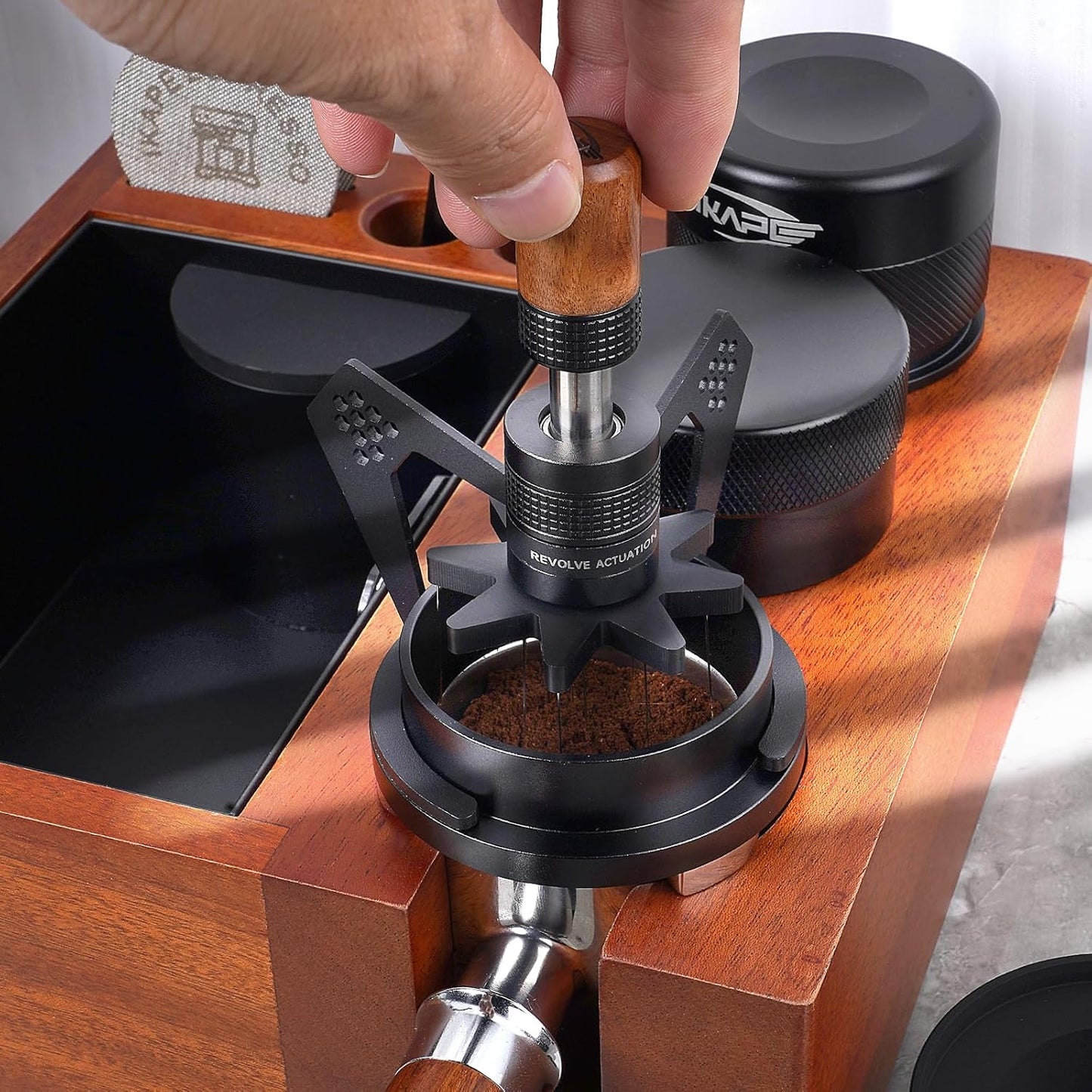 IKAPE Mantis WDT Distribution Tool, V3-54mm Espresso Stirrer Distribution Tool for Barista - 8 Needle Espresso Stirrer with Dosing Funnel & Stand, Adjustable Needle Height, Walnut Handle