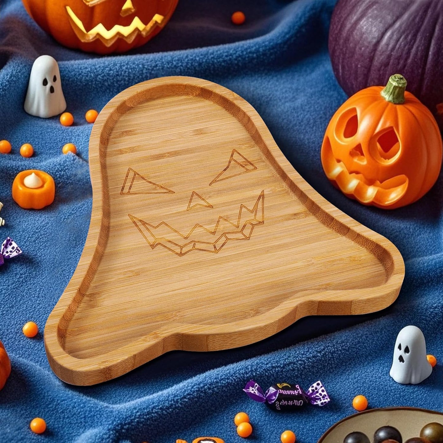TJ POP Halloween Ghost Serving Tray - Spooky Ghost Shaped Bamboo Serving Platter, Festive Wooden Charcuterie Board, Snack Cheese Dish Plate for Candy, Treats, Drinks & Holiday Party Decor (10" x 9")