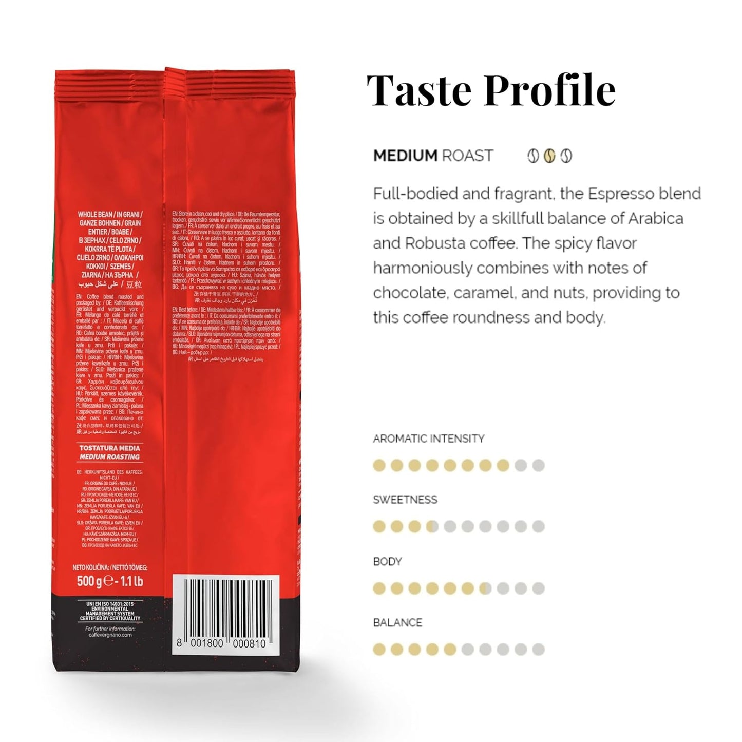 Caffe Vergnano 1882 Granaroma, Espresso, & Antica Bottega Whole Bean Arabica Medium Espresso Roast Coffee, 1.1lbs Bag - Italian Coffee Beans -500g Bag (3 Pk)